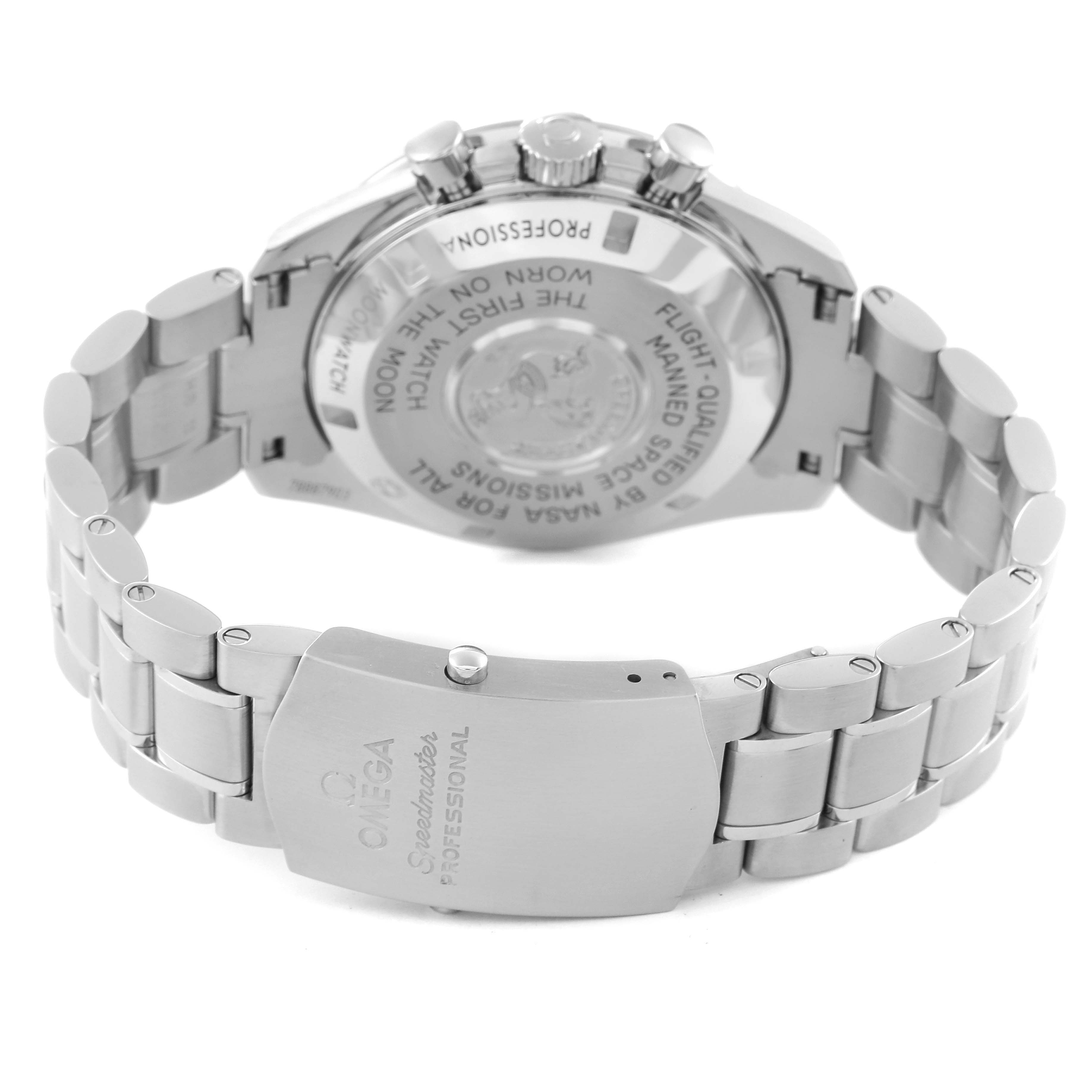 The image shows the back and clasp of an Omega Speedmaster 311.30.42.30.01.005 Men
s Stainless Steel Black Dial 311.30.42.30.01.005 Men
s Stainless Steel Black Dial watch at a rear angle.