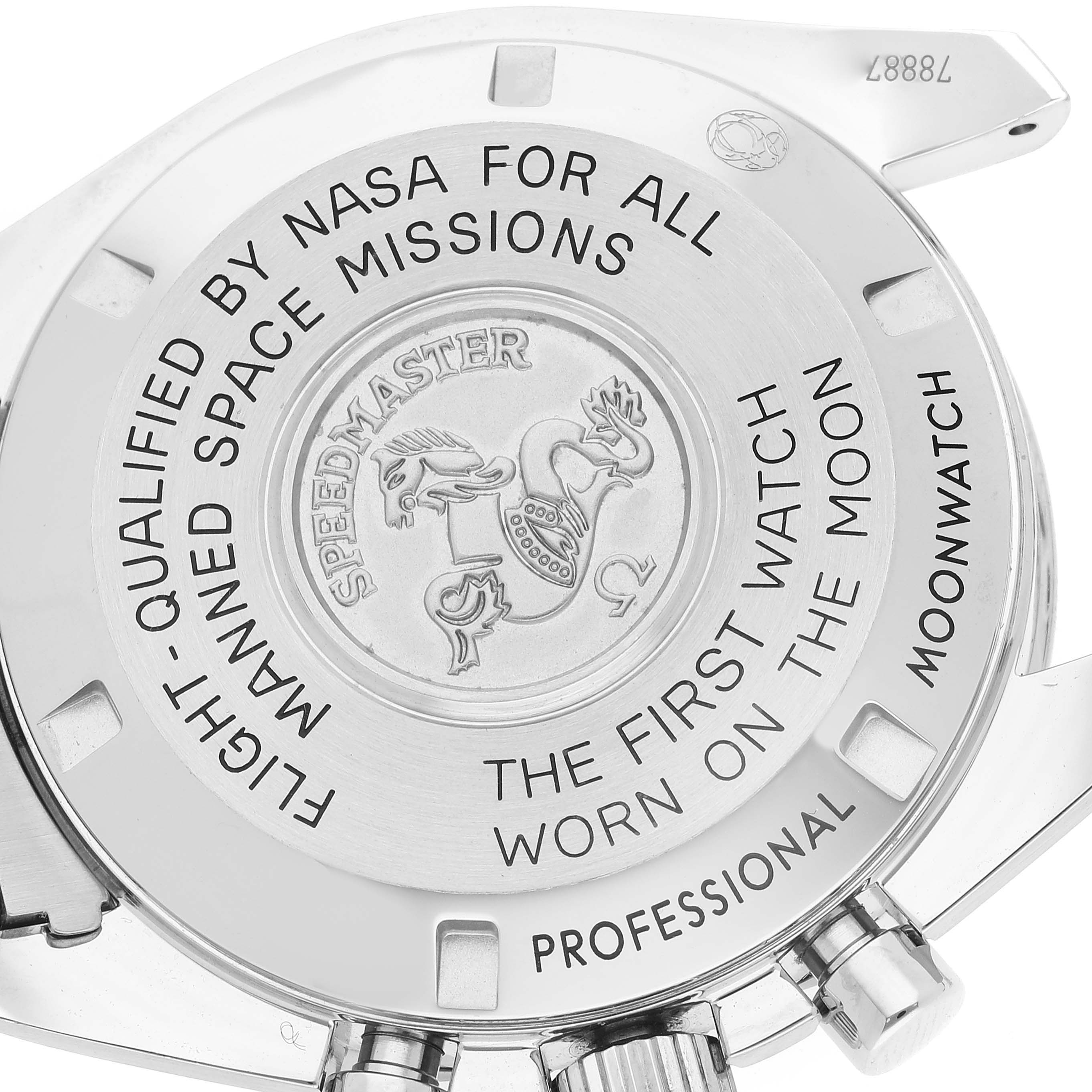 The image shows the back cover of the Omega Speedmaster 311.30.42.30.01.005 Men
s Stainless Steel Black Dial 311.30.42.30.01.005 Men
s Stainless Steel Black Dial watch at a close-up angle, featuring engraved text and logos.