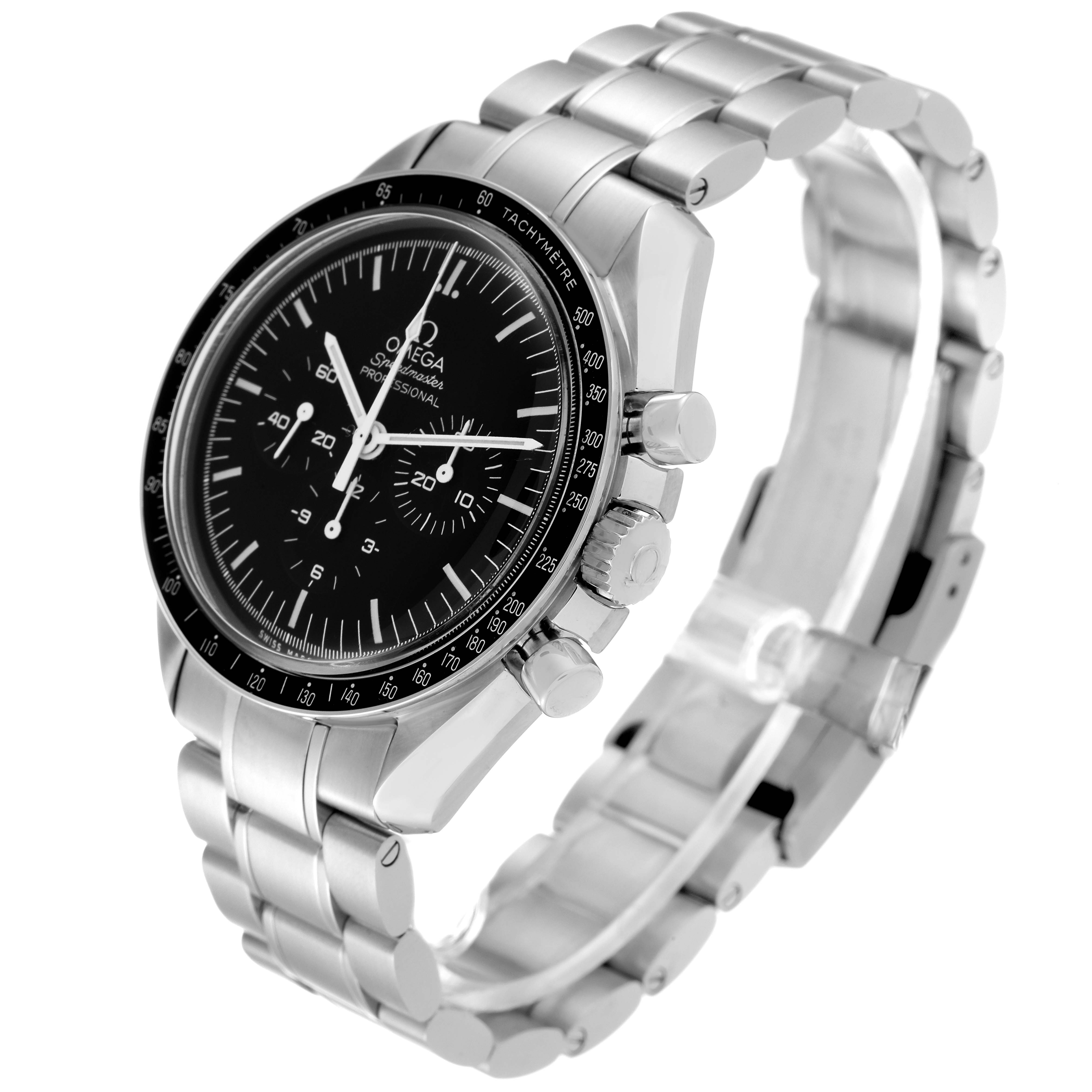 The image shows an Omega Speedmaster 311.30.42.30.01.005 Men
s Stainless Steel Black Dial 311.30.42.30.01.005 Men
s Stainless Steel Black Dial watch at a three-quarters angle, highlighting the face, bezel, and metal bracelet.