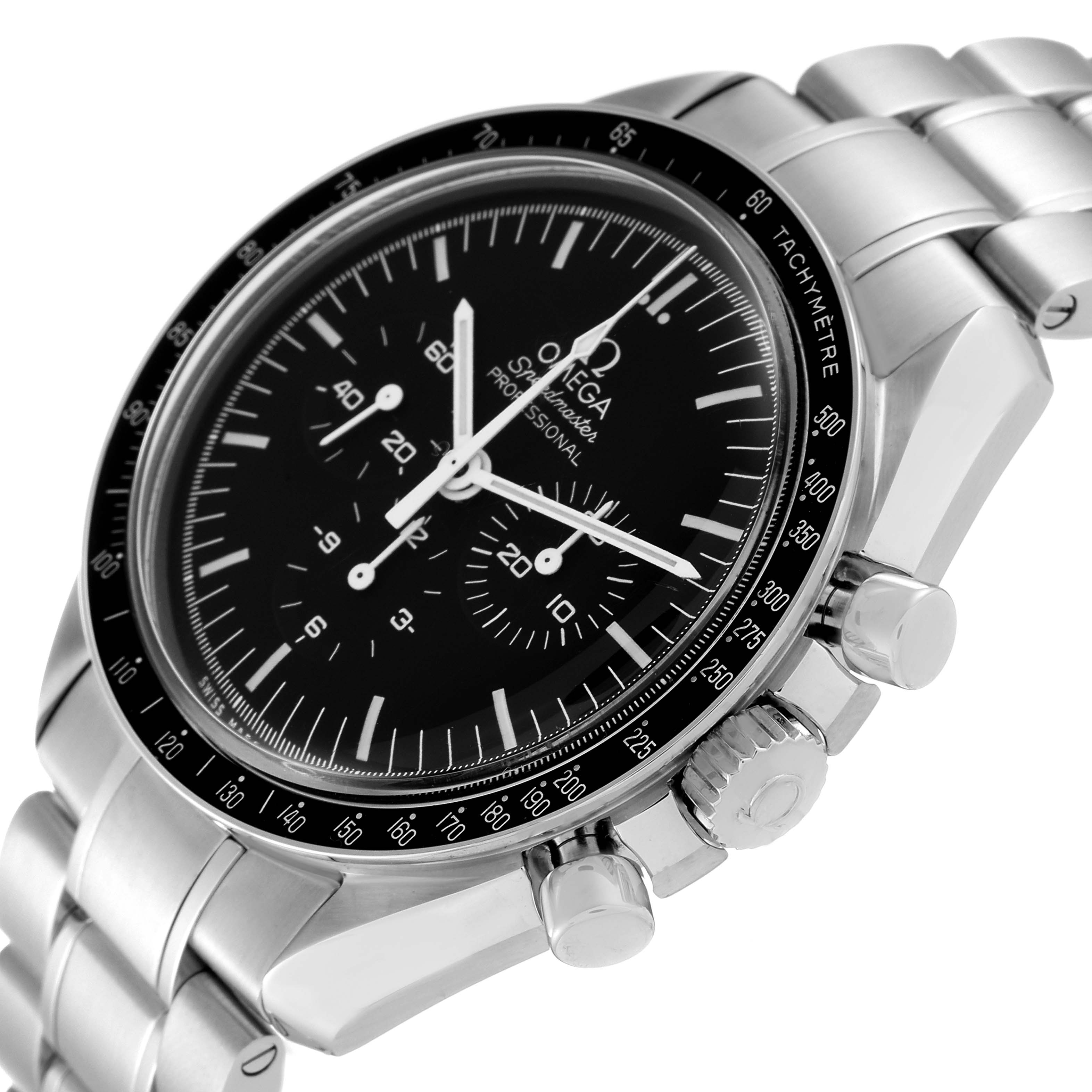 The image shows an angled view of an Omega Speedmaster 311.30.42.30.01.005 Men
s Stainless Steel Black Dial 311.30.42.30.01.005 Men
s Stainless Steel Black Dial, highlighting its black dial, silver bracelet, and pushers.