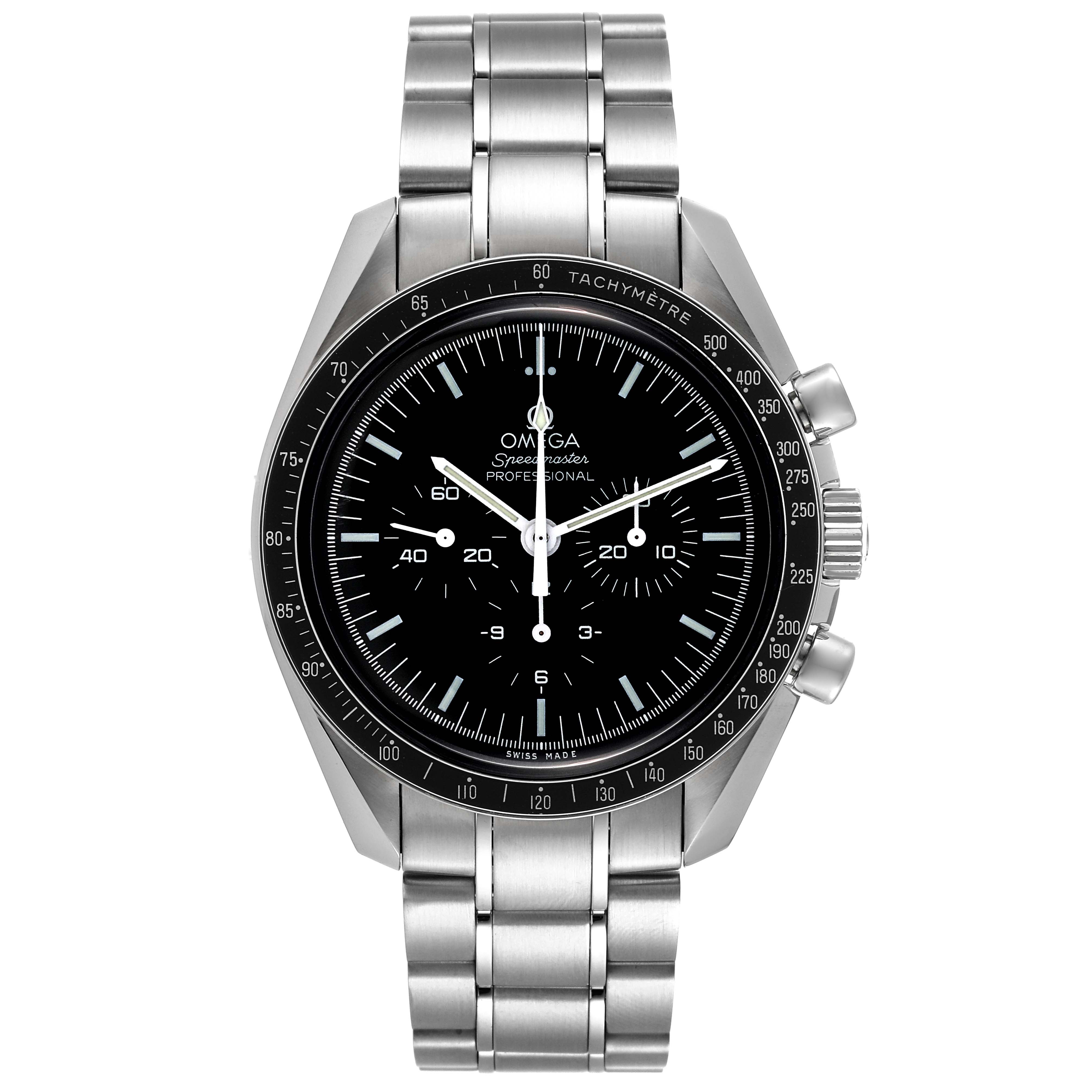 The image shows the front view of an Omega Speedmaster 311.30.42.30.01.005 Men
s Stainless Steel Black Dial 311.30.42.30.01.005 Men
s Stainless Steel Black Dial watch, featuring its face, chronograph subdials, bezel, and metal bracelet.