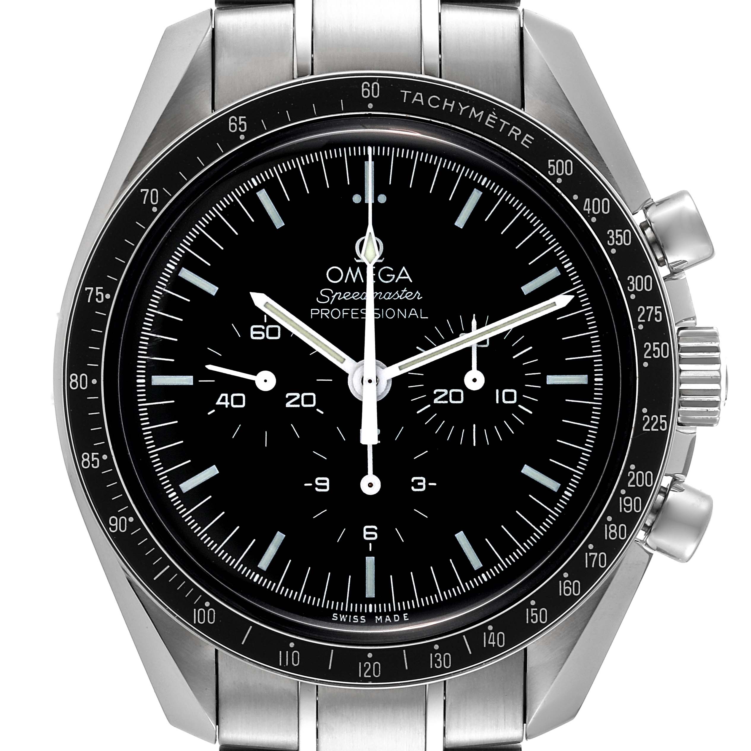 The image shows a frontal view of an Omega Speedmaster 311.30.42.30.01.005 Men
s Stainless Steel Black Dial 311.30.42.30.01.005 Men
s Stainless Steel Black Dial watch, highlighting its face, tachymeter bezel, and chronograph subdials.