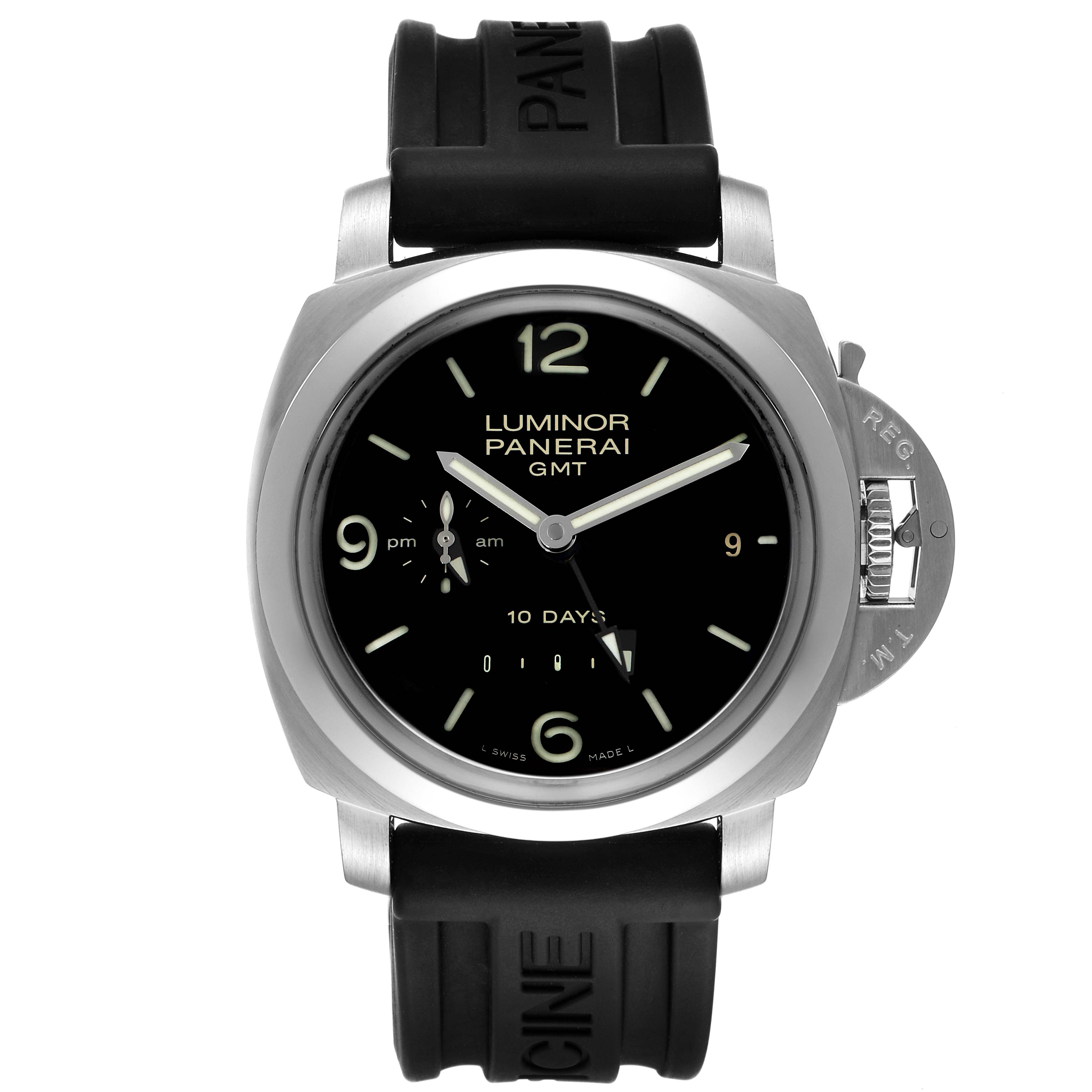 The image shows a front view of the Panerai Luminor PAM00270 Men
s Stainless Steel Black Dial PAM00270 Men
s Stainless Steel Black Dial GMT watch, highlighting its black dial, rubber strap, and unique crown protector.
