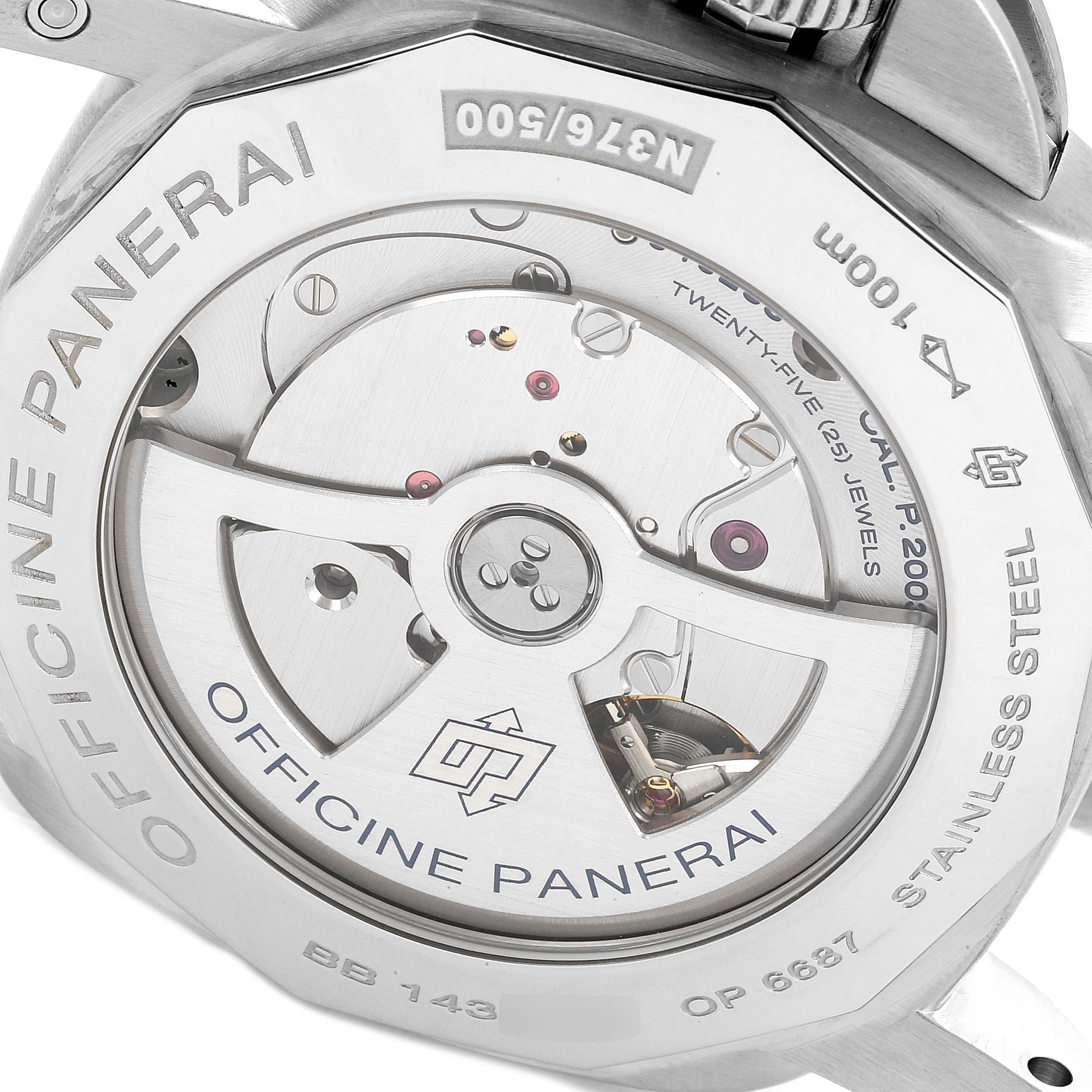 This image shows the back of a Panerai Luminor PAM00270 Men
s Stainless Steel Black Dial PAM00270 Men
s Stainless Steel Black Dial watch, highlighting the movement and case back details.