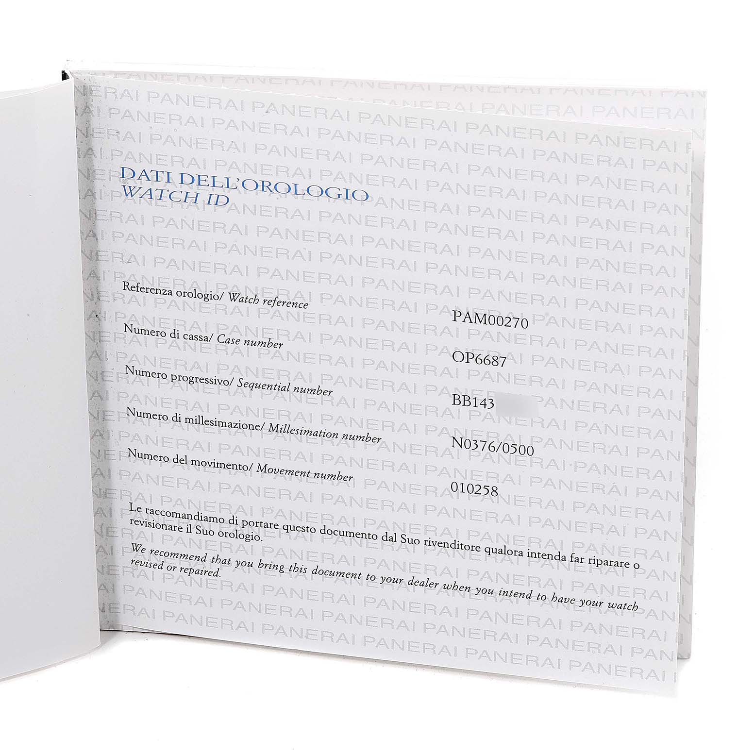 The image shows watch documentation for a Panerai Luminor PAM00270 Men
s Stainless Steel Black Dial PAM00270 Men
s Stainless Steel Black Dial model, displaying various identification numbers.