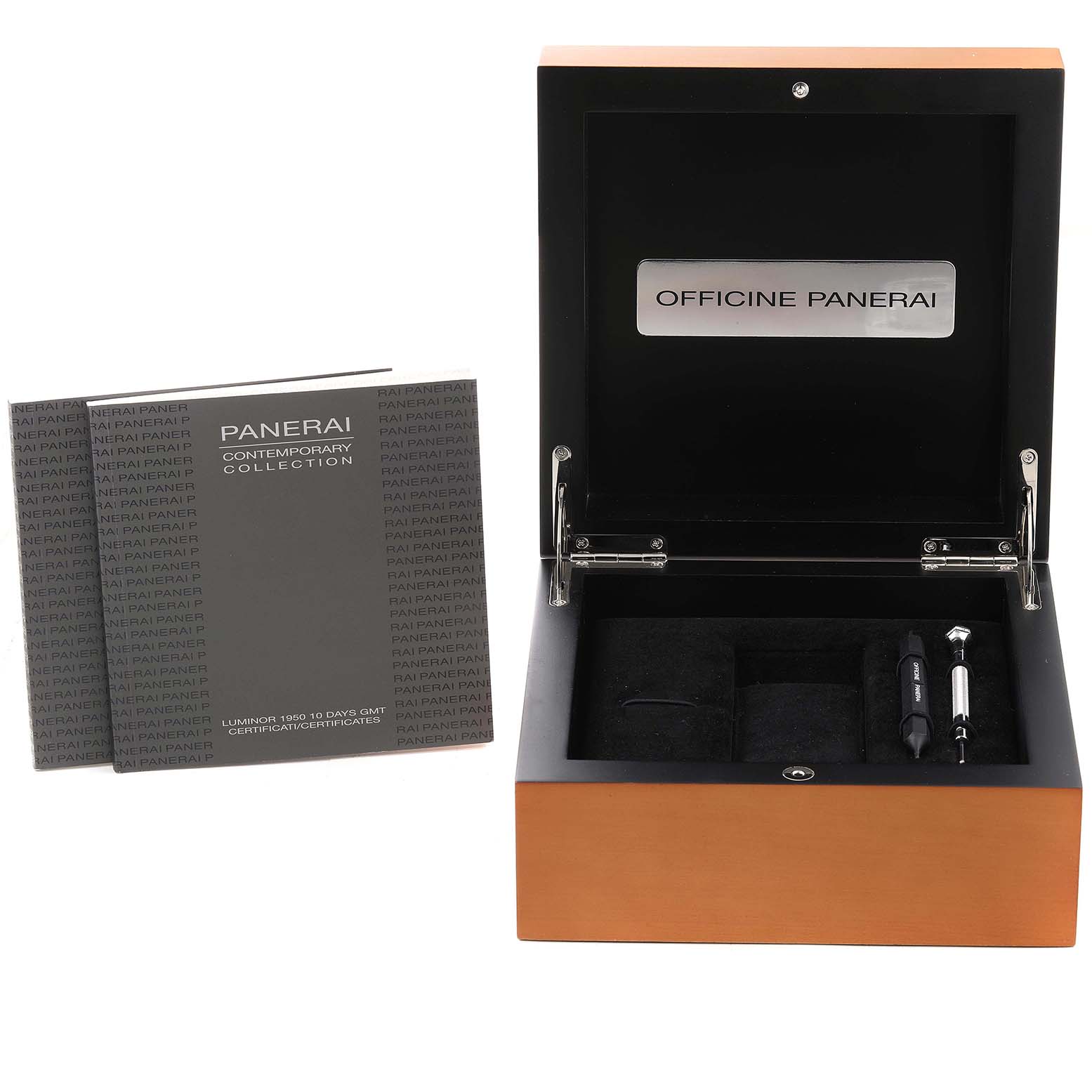 The image shows a Panerai Luminor PAM00270 Men
s Stainless Steel Black Dial PAM00270 Men
s Stainless Steel Black Dial watch box with an open lid and user manuals next to it.