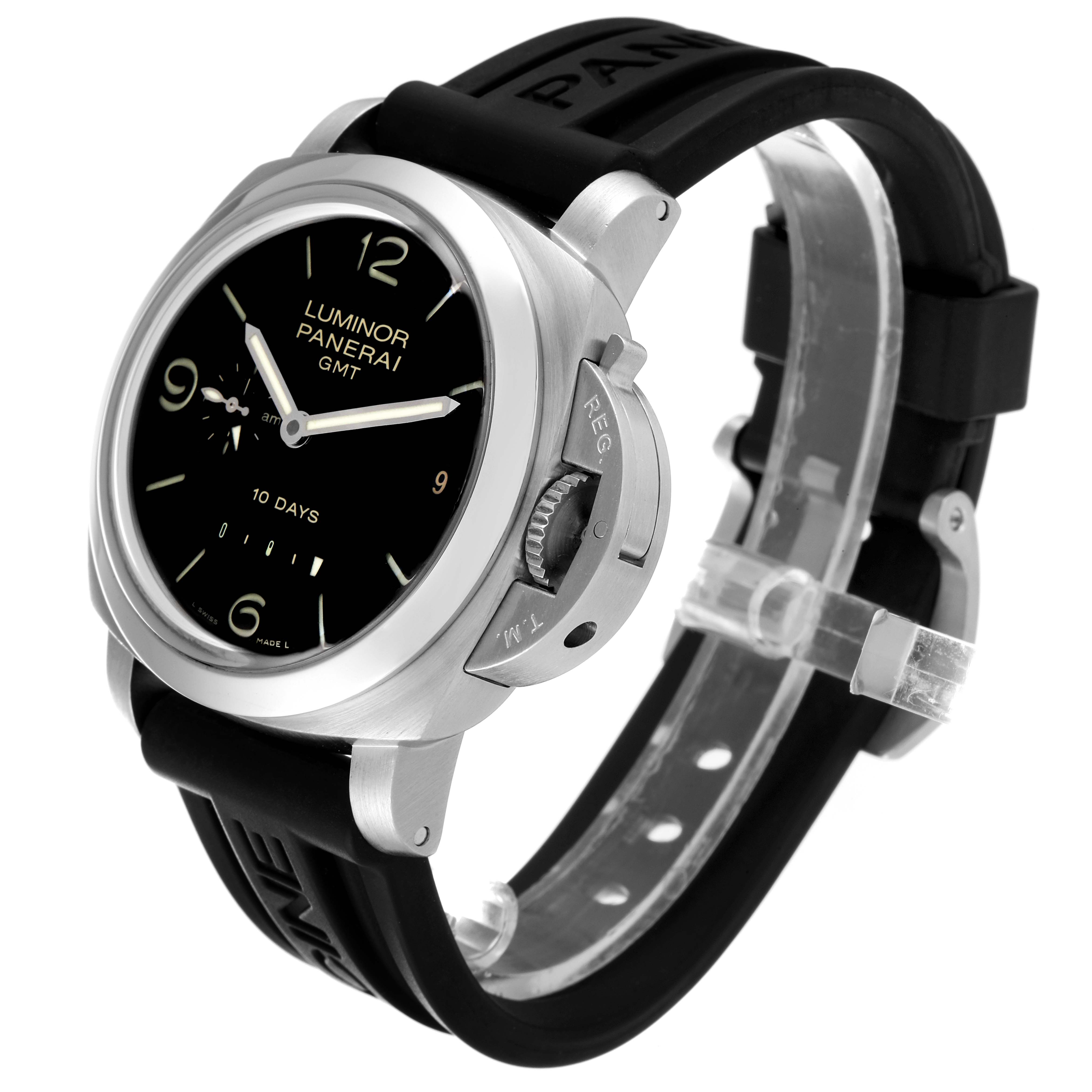This image shows a Panerai Luminor PAM00270 Men
s Stainless Steel Black Dial PAM00270 Men
s Stainless Steel Black Dial watch at a slight angle, displaying its face, case, crown guard, and strap.