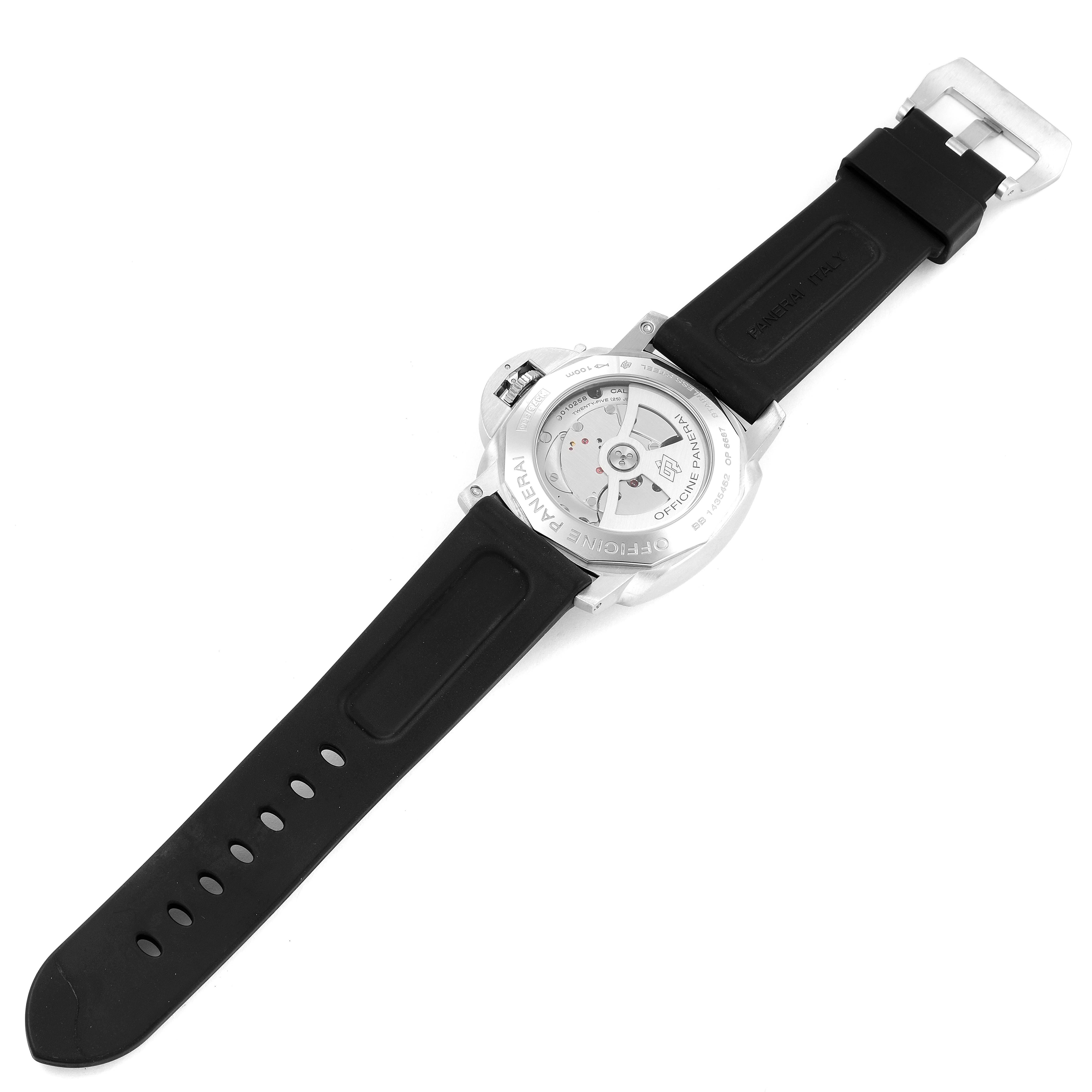 The image shows the back view of a Panerai Luminor PAM00270 Men
s Stainless Steel Black Dial PAM00270 Men
s Stainless Steel Black Dial watch, highlighting its case back and rubber strap.