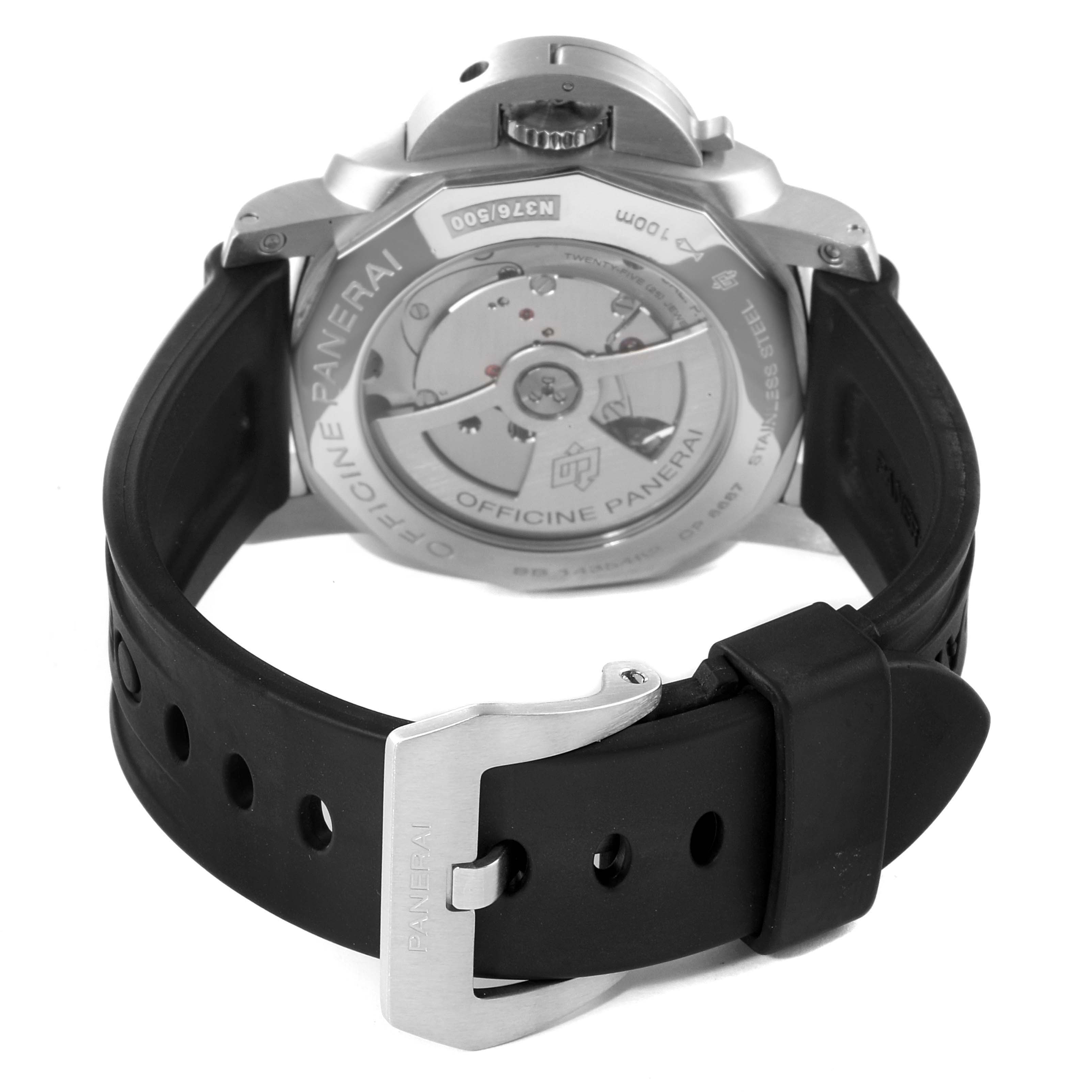 The image shows the back view of a Panerai Luminor PAM00270 Men
s Stainless Steel Black Dial PAM00270 Men
s Stainless Steel Black Dial watch, highlighting the case back, movement, and rubber strap with a buckle.