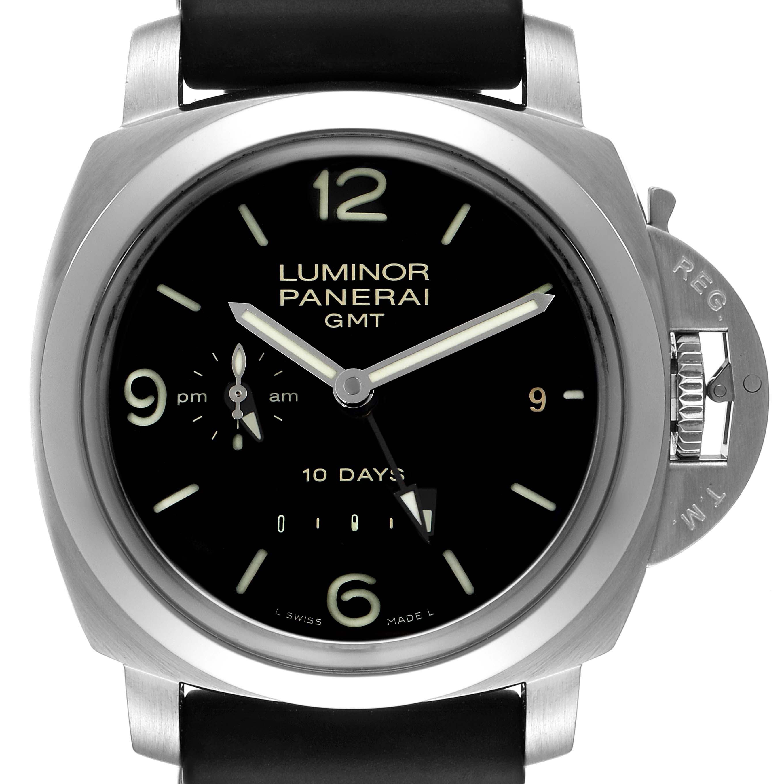 The image shows a front view of the Panerai Luminor PAM00270 Men
s Stainless Steel Black Dial PAM00270 Men
s Stainless Steel Black Dial GMT watch, highlighting its dial, crown, and casing.
