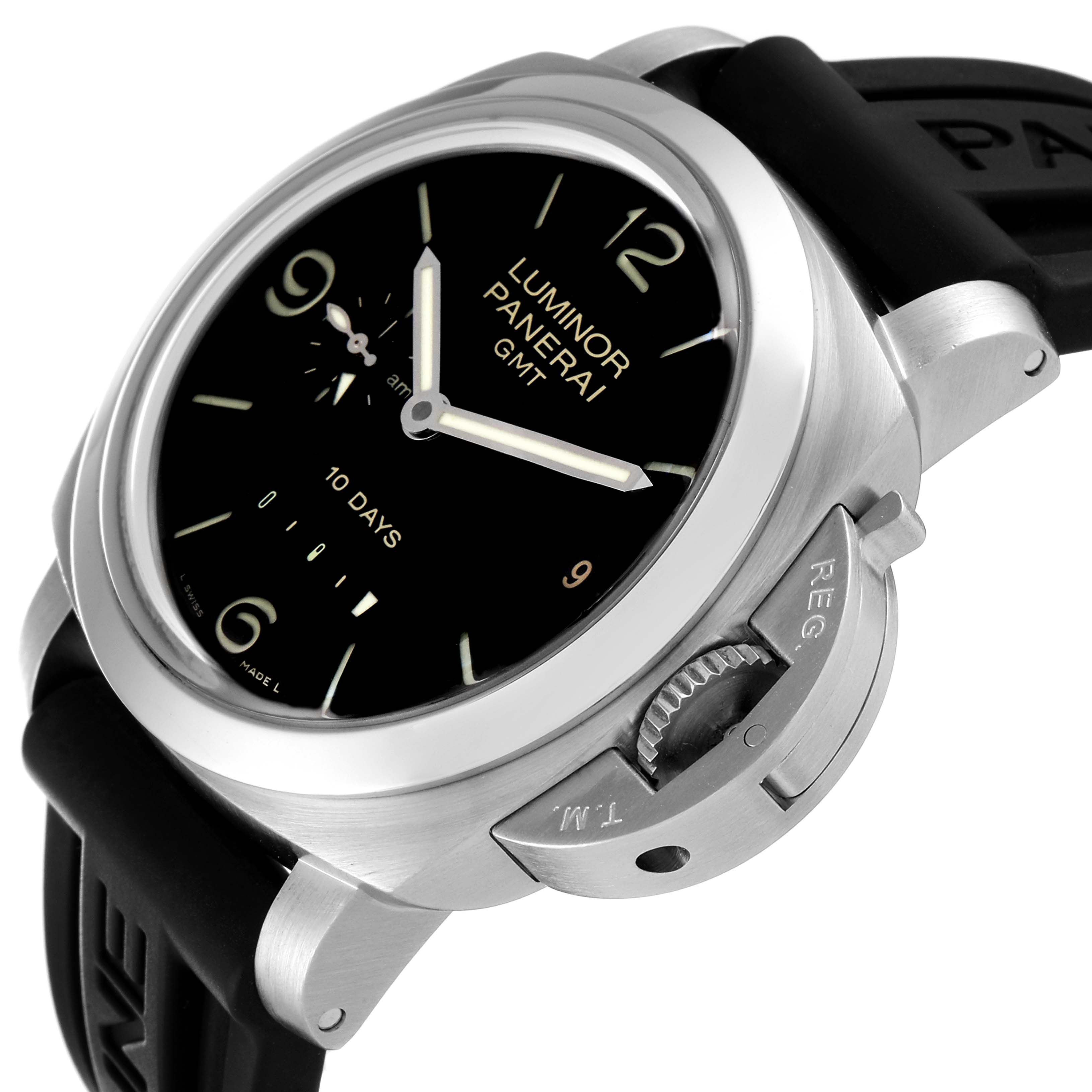This image shows a close-up angle of the Panerai Luminor PAM00270 Men
s Stainless Steel Black Dial PAM00270 Men
s Stainless Steel Black Dial watch, highlighting its face, crown guard, and part of the strap.