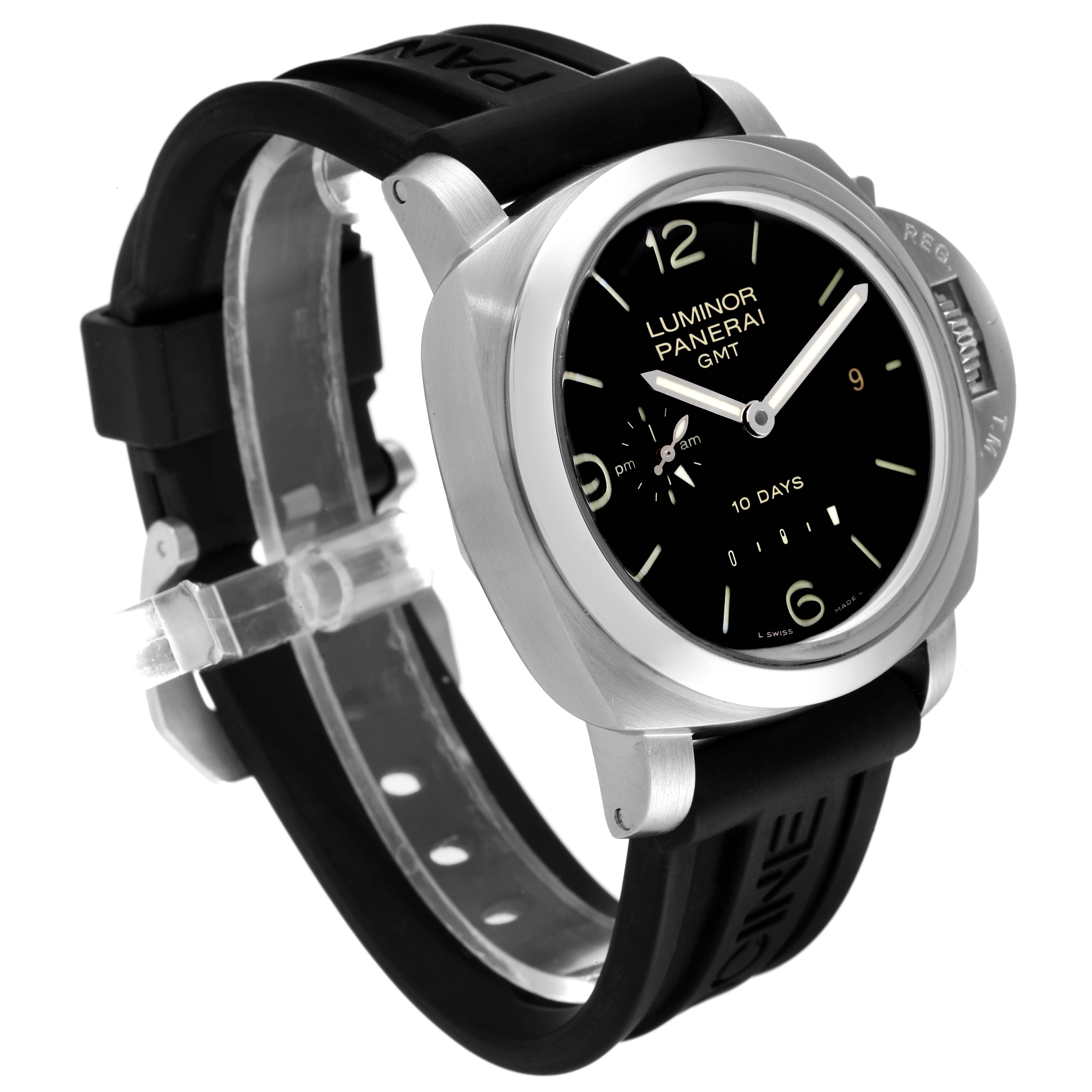 The image shows a Panerai Luminor PAM00270 Men
s Stainless Steel Black Dial PAM00270 Men
s Stainless Steel Black Dial GMT watch at a 3/4 angled view, capturing the face and black rubber strap.