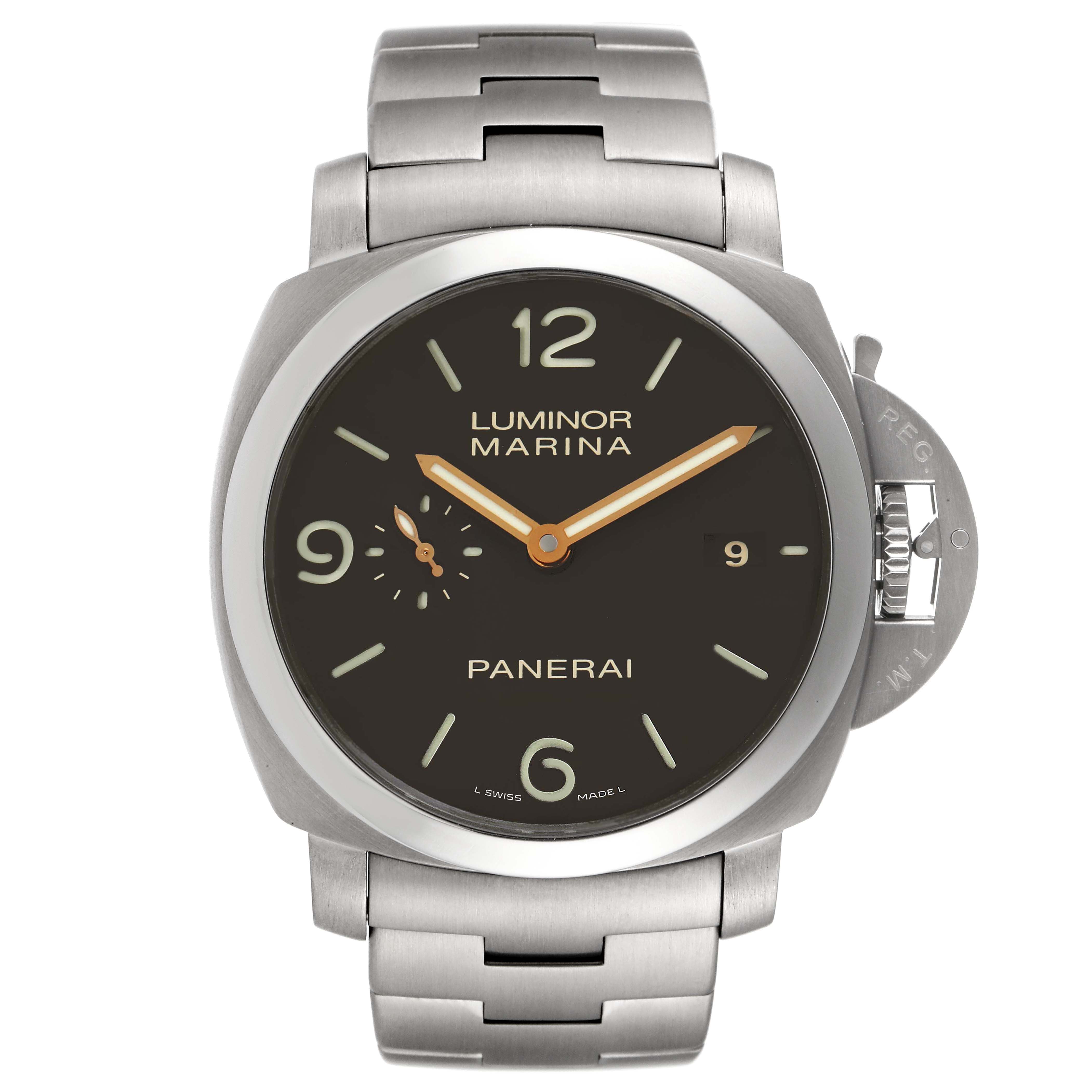 This image shows a front view of a Panerai Luminor PAM00352 Men's Titanium Brown Dial PAM00352 Men's Titanium Brown Dial Marina watch, displaying its face, crown guard, and stainless steel bracelet.