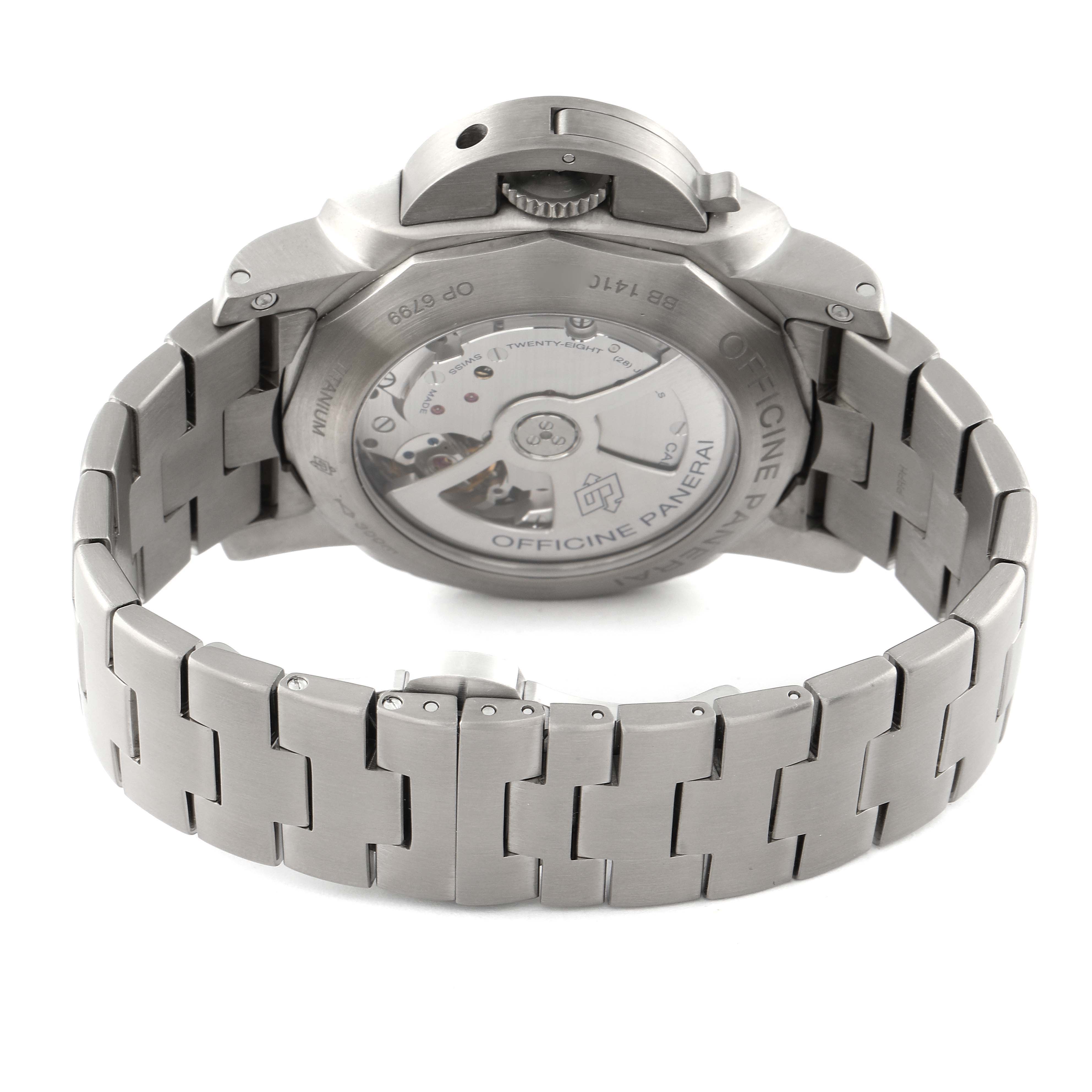 The image shows the back view of a Panerai Luminor PAM00352 Men's Titanium Brown Dial PAM00352 Men's Titanium Brown Dial watch, highlighting the metal bracelet and the transparent case back.