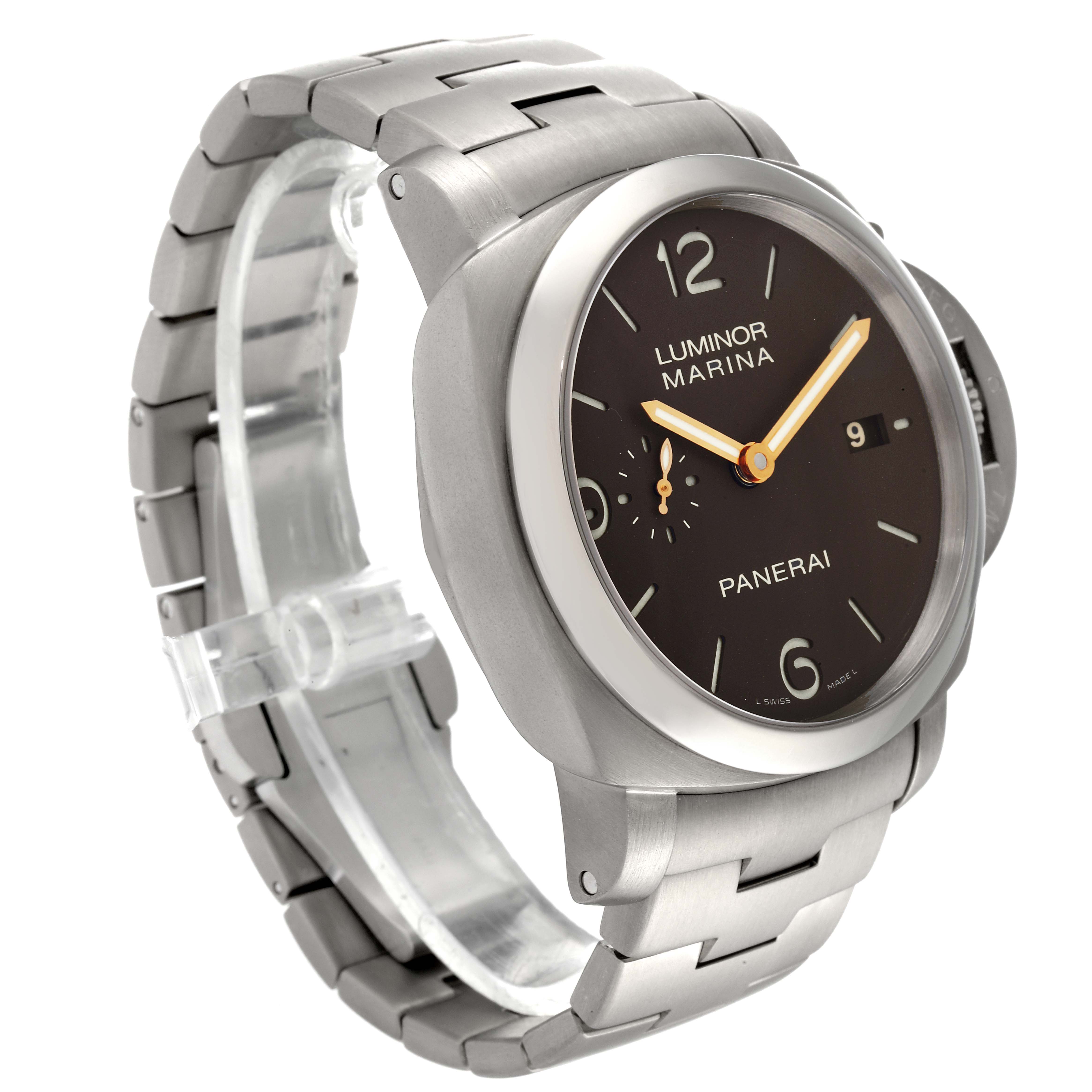 The Panerai Luminor PAM00352 Men's Titanium Brown Dial PAM00352 Men's Titanium Brown Dial Marina watch is shown from a front-left angled view, highlighting its dial, case, and metallic bracelet.
