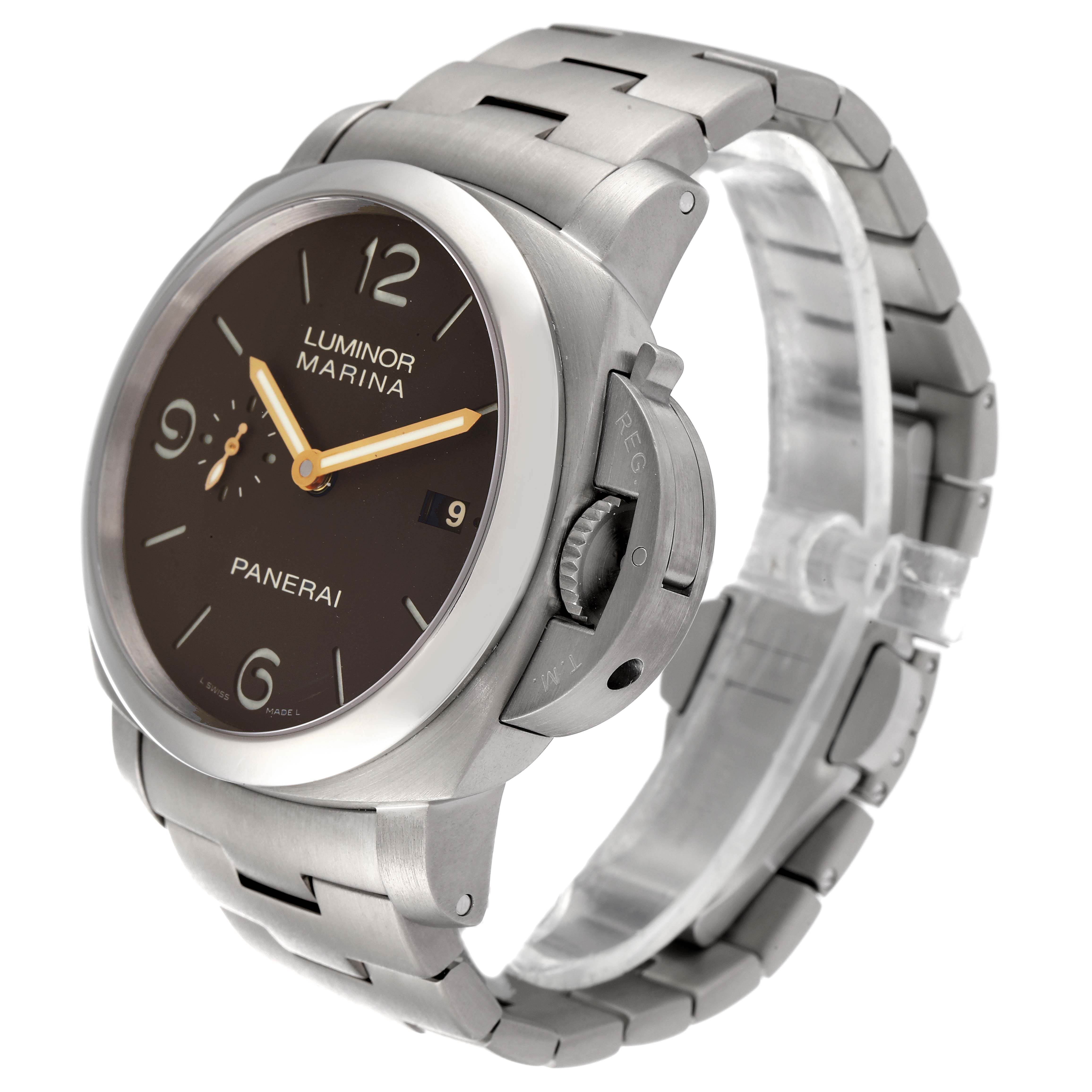 The image shows a side-angle view of the Panerai Luminor PAM00352 Men's Titanium Brown Dial PAM00352 Men's Titanium Brown Dial Marina watch, highlighting the face, crown, and metal bracelet.
