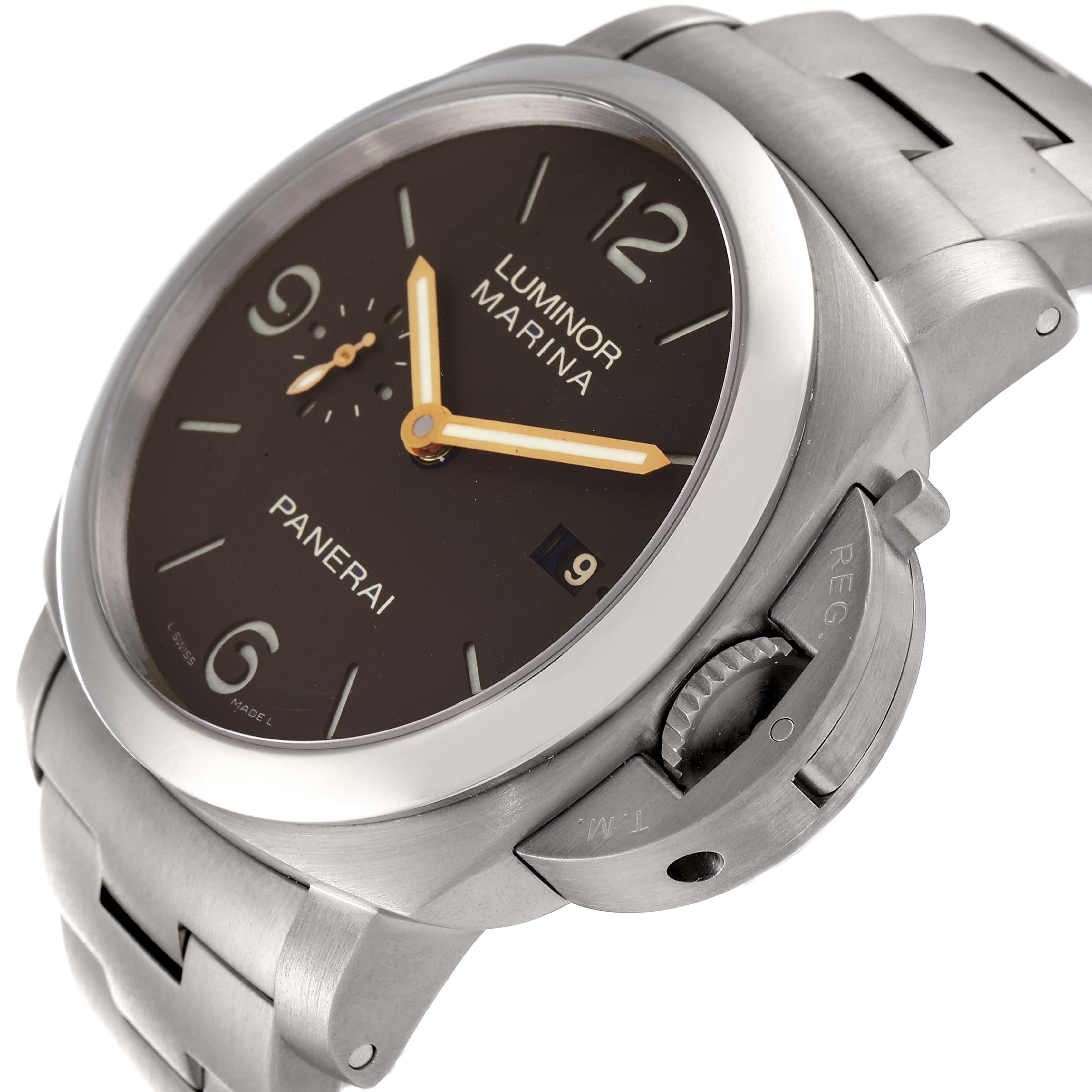 The image shows a Panerai Luminor PAM00352 Men's Titanium Brown Dial PAM00352 Men's Titanium Brown Dial model watch from a side angle highlighting its face, crown guard, and stainless steel bracelet.