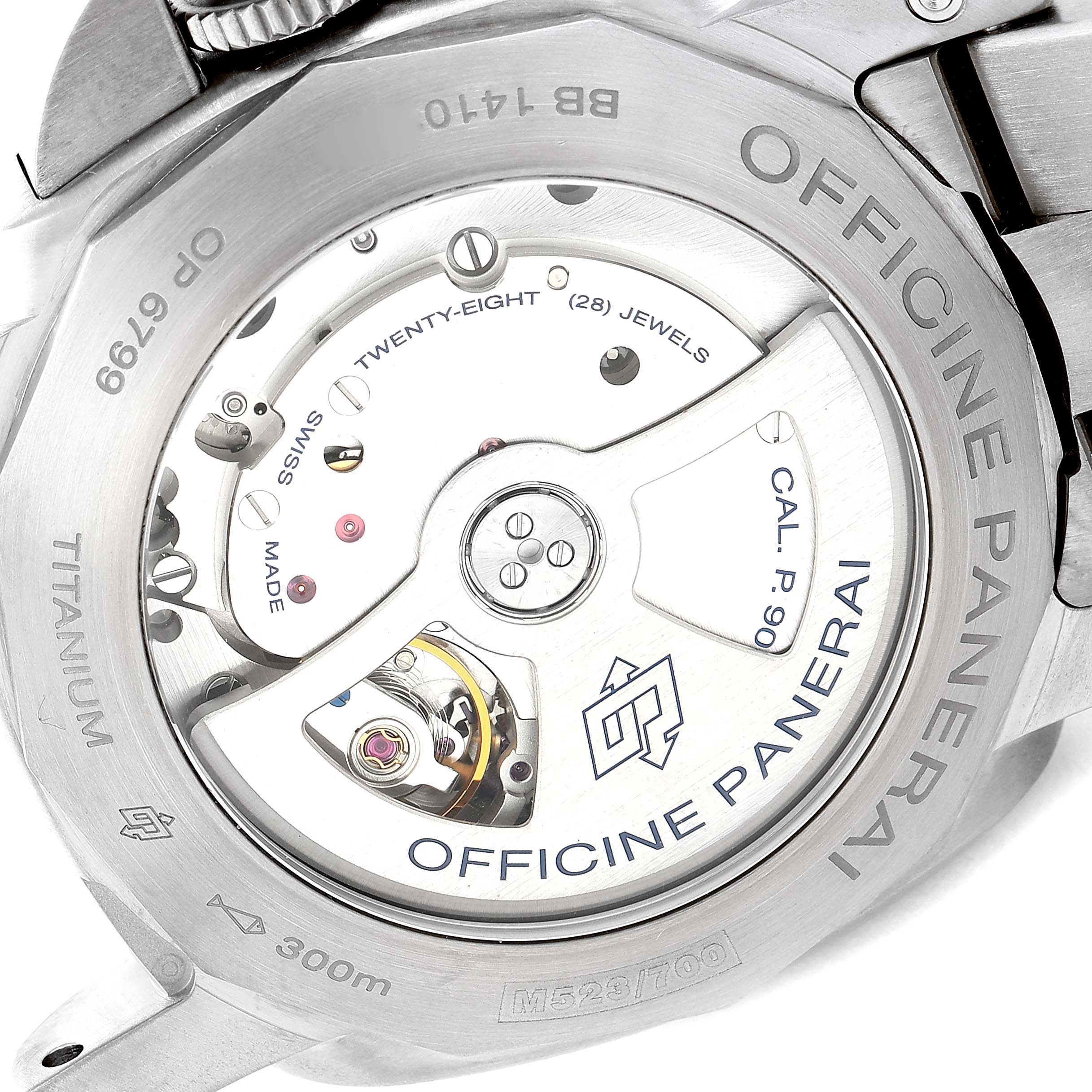 The image shows the back view of the Panerai Luminor PAM00352 Men's Titanium Brown Dial PAM00352 Men's Titanium Brown Dial watch, highlighting its titanium case and internal mechanical components.