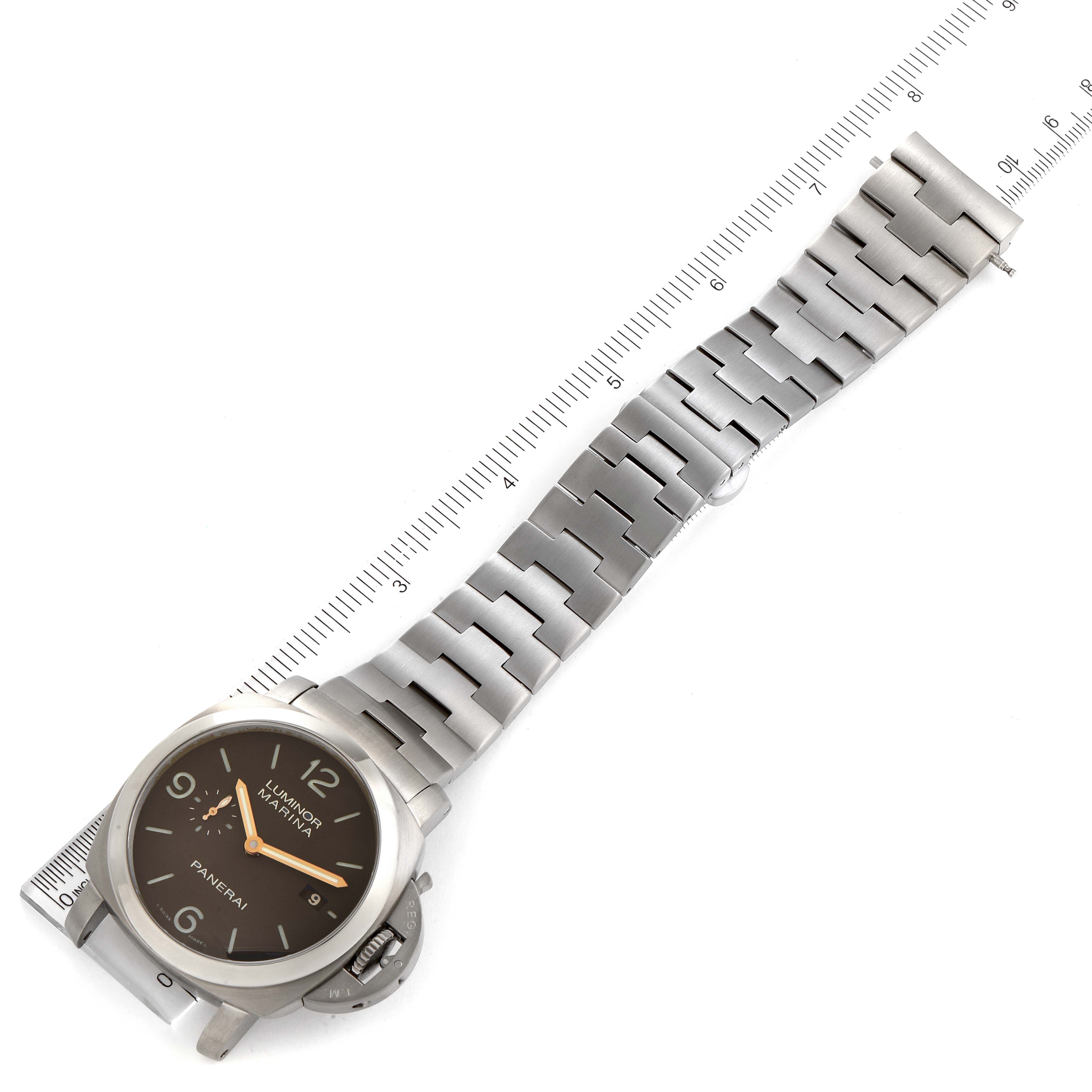 The image shows a Panerai Luminor PAM00352 Men's Titanium Brown Dial PAM00352 Men's Titanium Brown Dial watch laid flat with its stainless steel band and case visible, measured with a ruler.