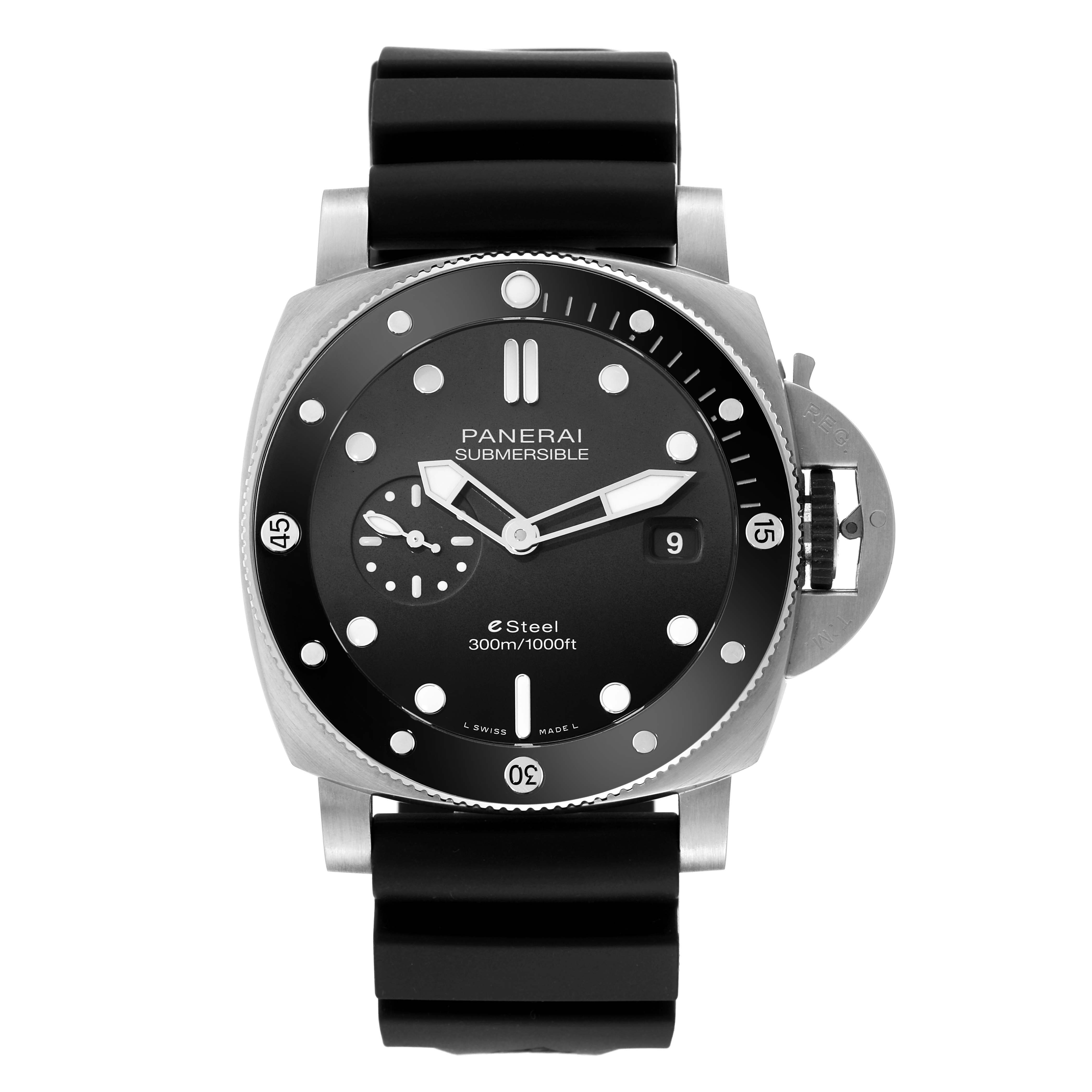 The image shows a front view of the Panerai Submersible PAM01288 Men's Stainless Steel Black Dial PAM01288 Men's Stainless Steel Black Dial watch, displaying the dial, bezel, and strap.
