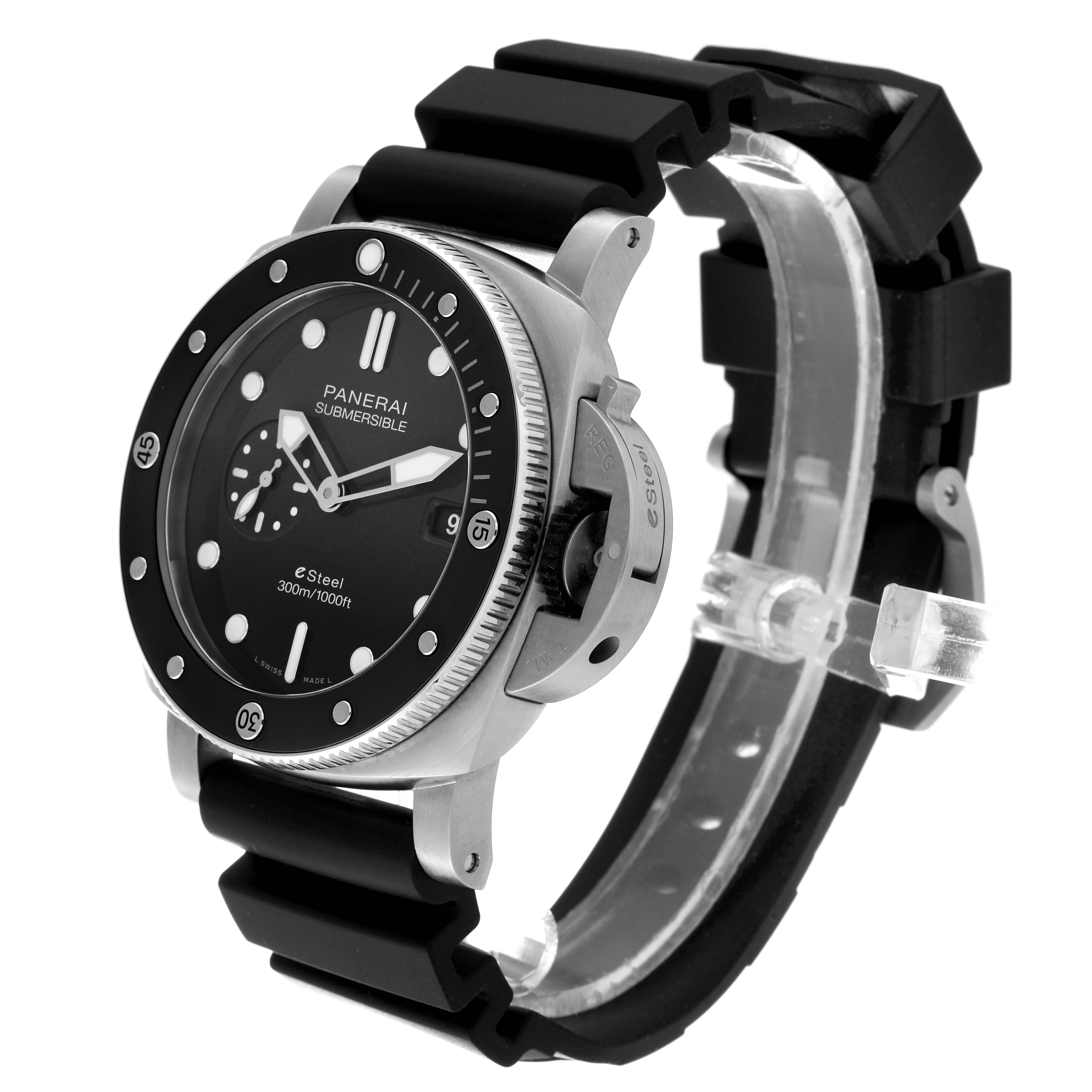 The image shows a Panerai Submersible PAM01288 Men's Stainless Steel Black Dial PAM01288 Men's Stainless Steel Black Dial watch at a three-quarter angle, highlighting its face, bezel, and rubber strap.