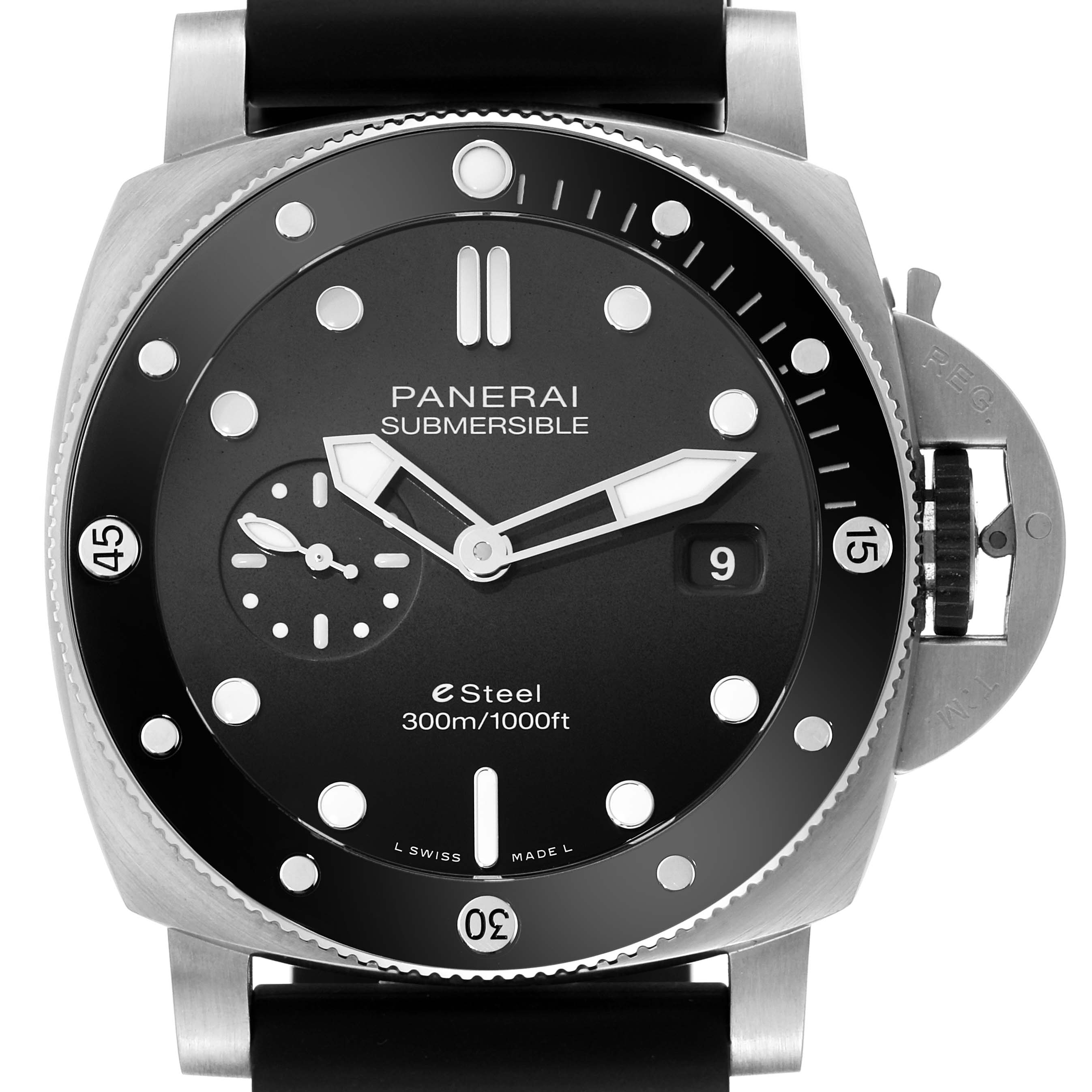 The image shows a front view of the Panerai Submersible PAM01288 Men's Stainless Steel Black Dial PAM01288 Men's Stainless Steel Black Dial watch, detailing the dial, bezel, hands, and crown guard.