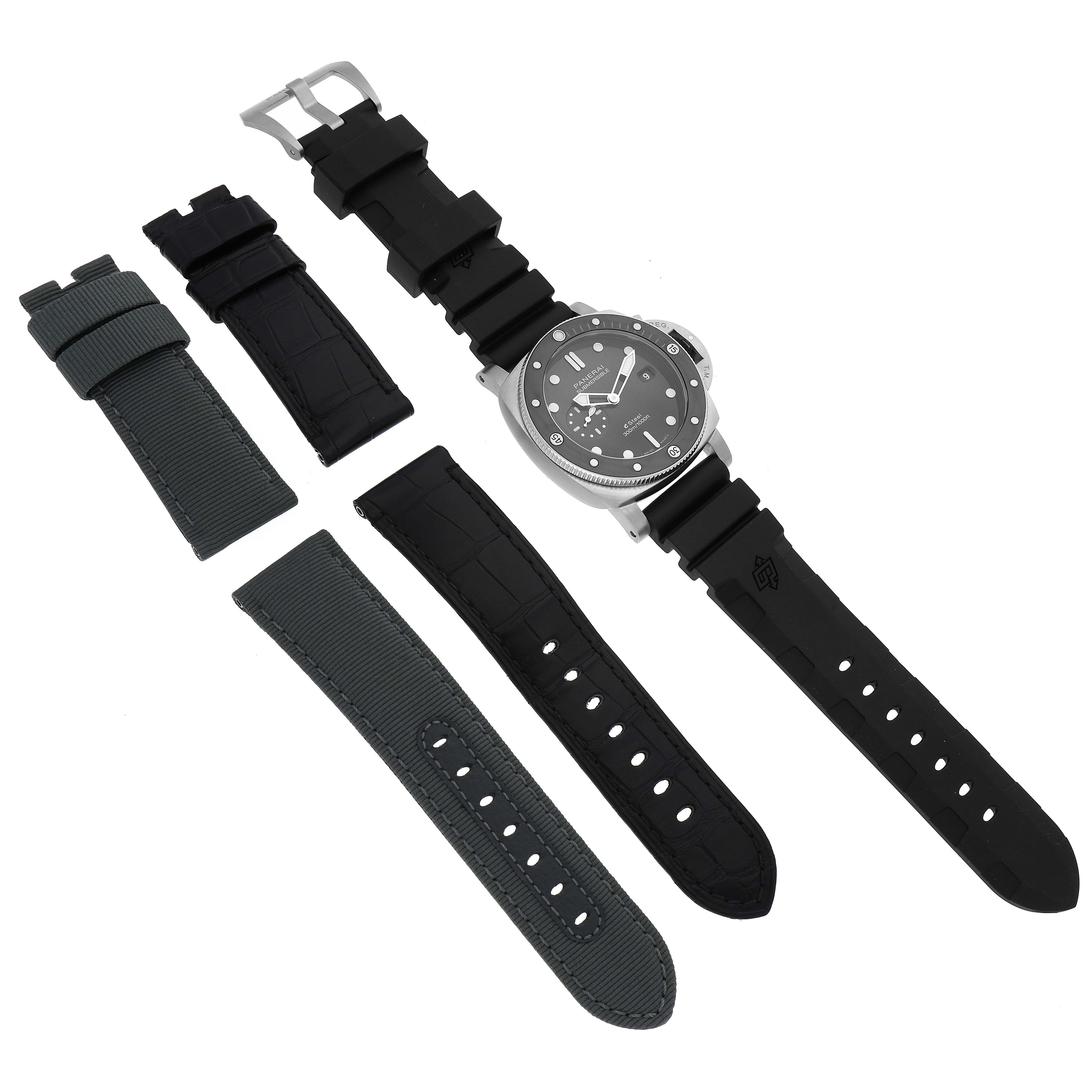 The image shows a Panerai Submersible PAM01288 Men's Stainless Steel Black Dial PAM01288 Men's Stainless Steel Black Dial watch from a top view, along with three interchangeable straps.