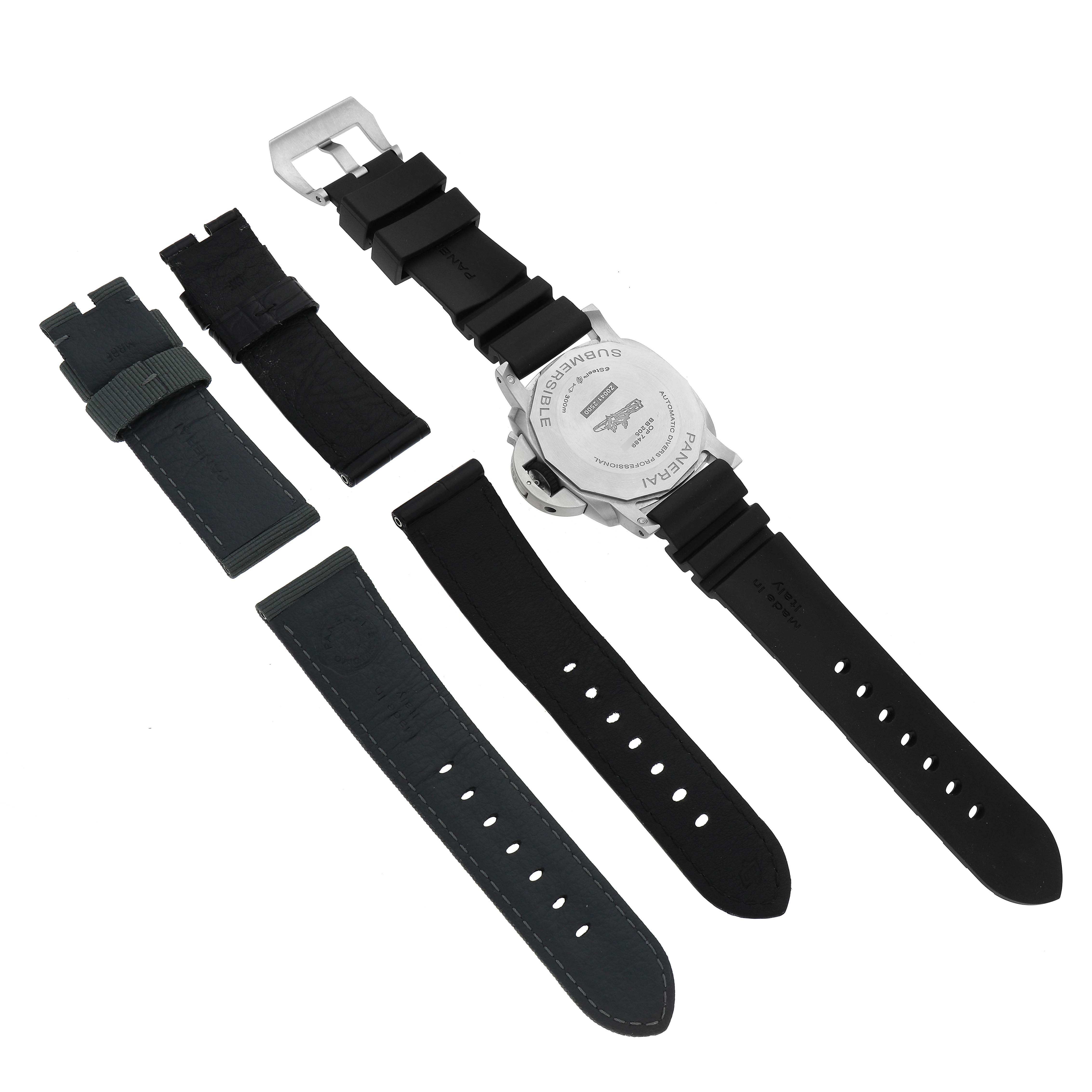 The image shows the back view of the Panerai Submersible PAM01288 Men's Stainless Steel Black Dial PAM01288 Men's Stainless Steel Black Dial watch with multiple strap options laid out beside it.