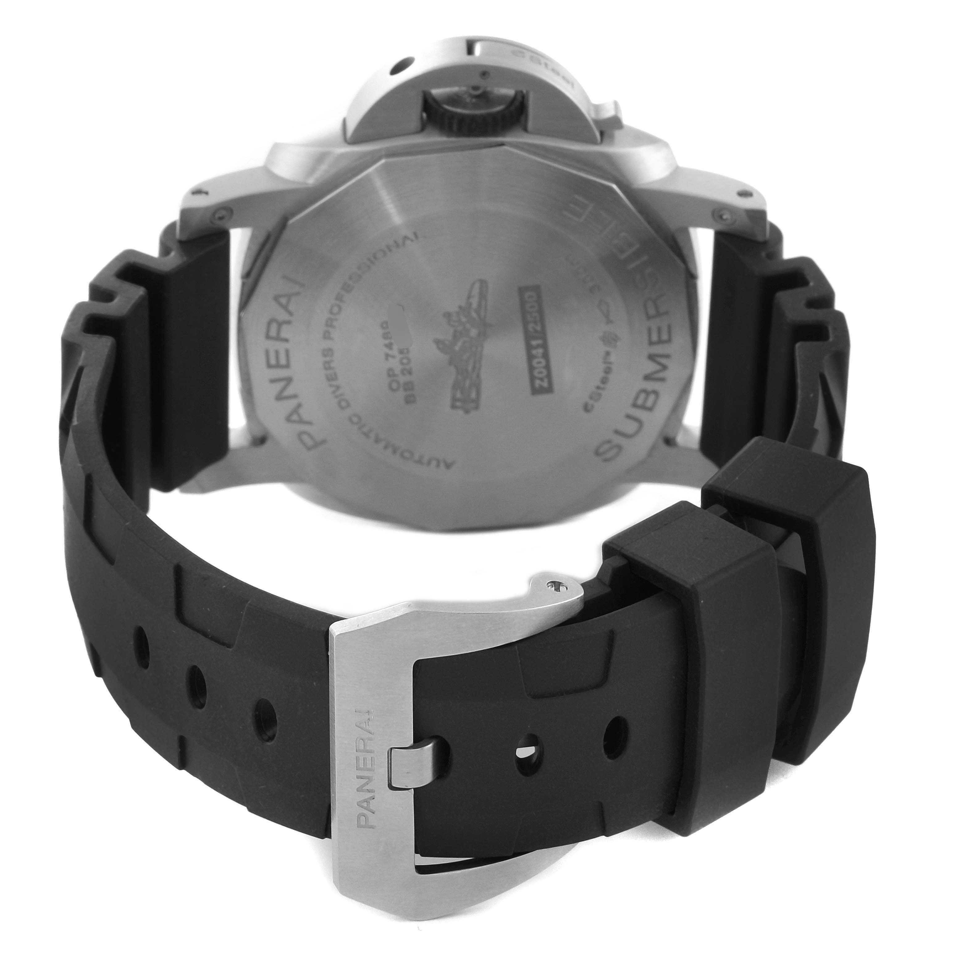 The image shows the back case and rubber strap, including the buckle, of a Panerai Submersible PAM01288 Men's Stainless Steel Black Dial PAM01288 Men's Stainless Steel Black Dial watch.