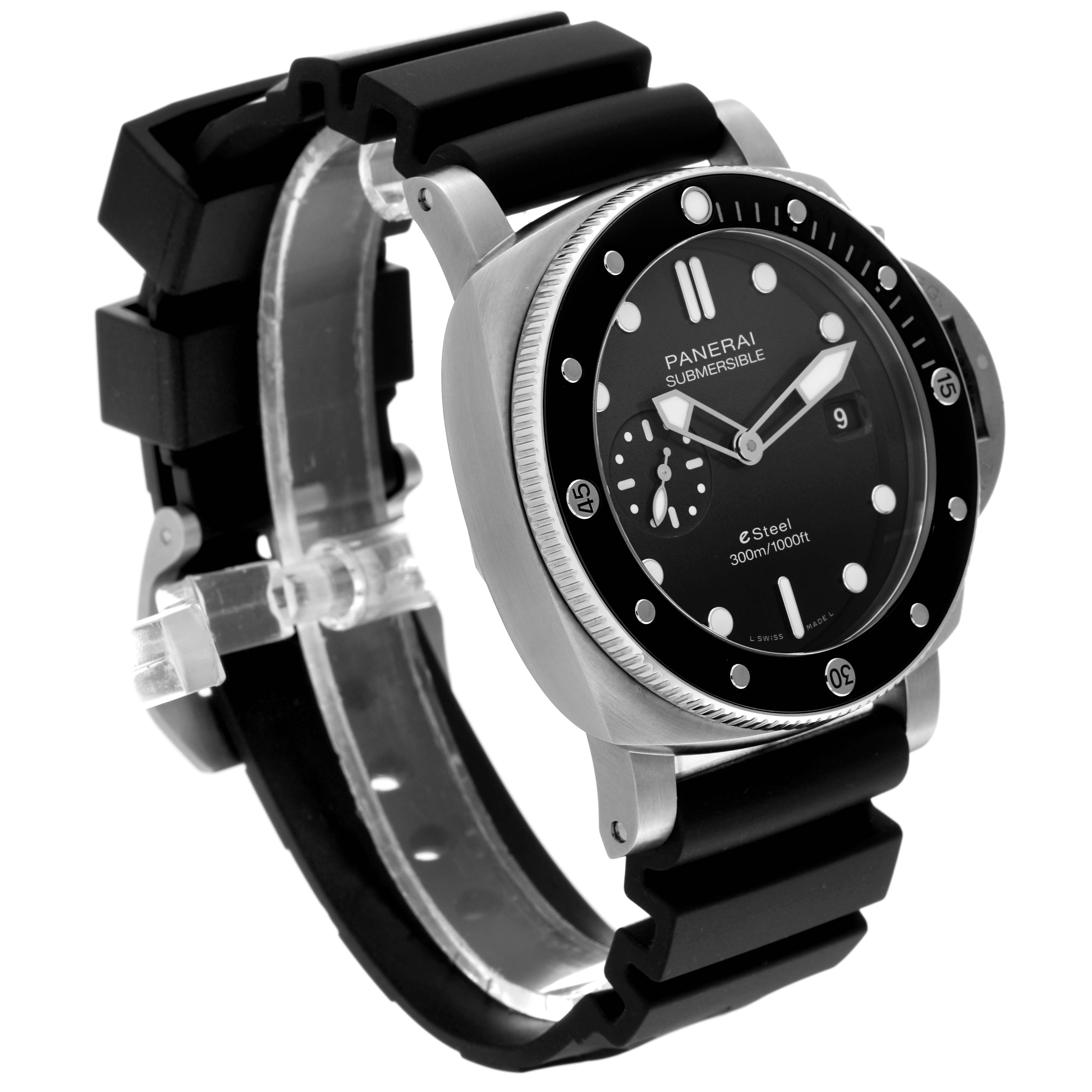 This image shows a side angle view of a Panerai Submersible PAM01288 Men's Stainless Steel Black Dial PAM01288 Men's Stainless Steel Black Dial watch, highlighting its bezel, dial, and rubber strap.