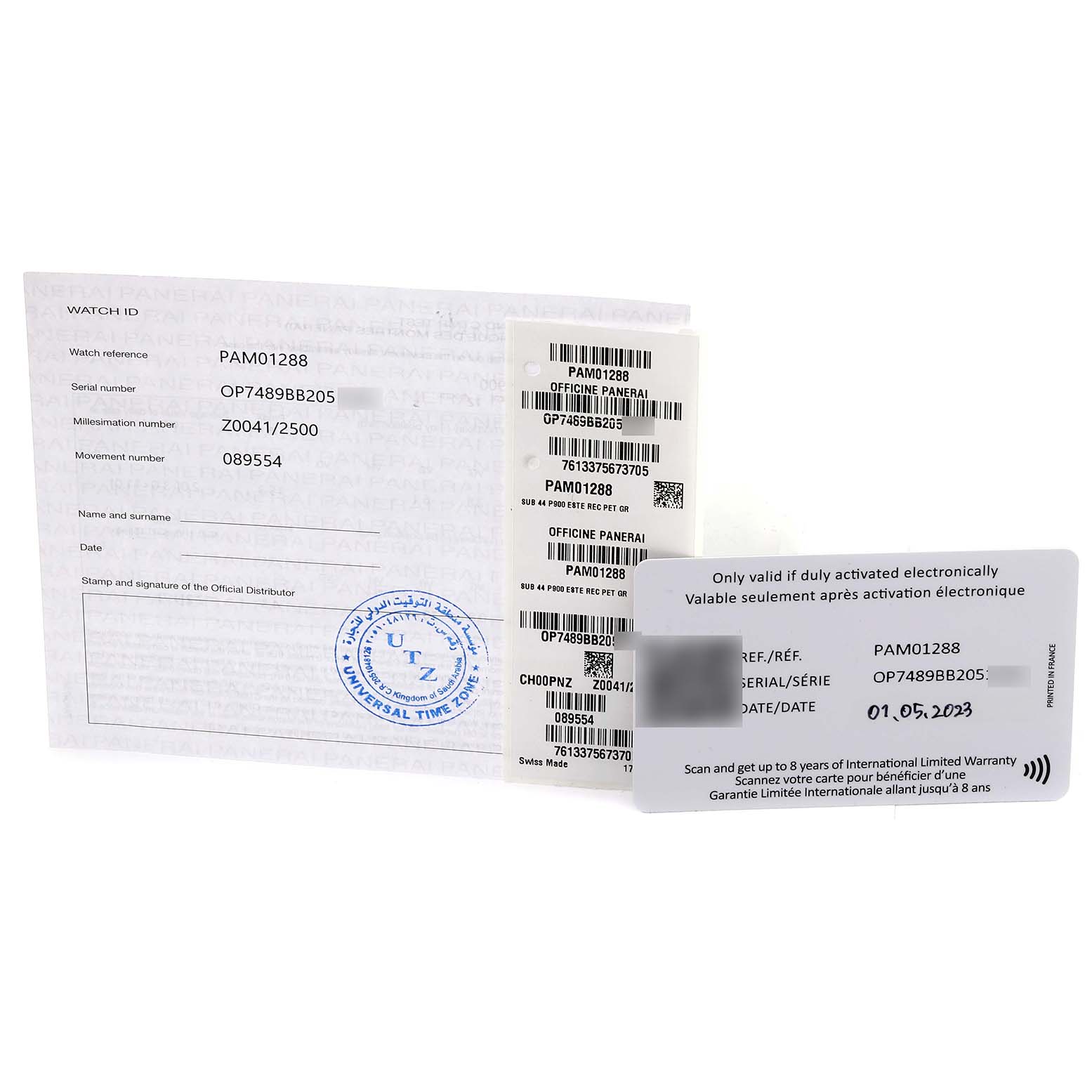 The image shows warranty and identification documents for a Panerai Submersible PAM01288 Men's Stainless Steel Black Dial PAM01288 Men's Stainless Steel Black Dial model, displayed from a front angle.