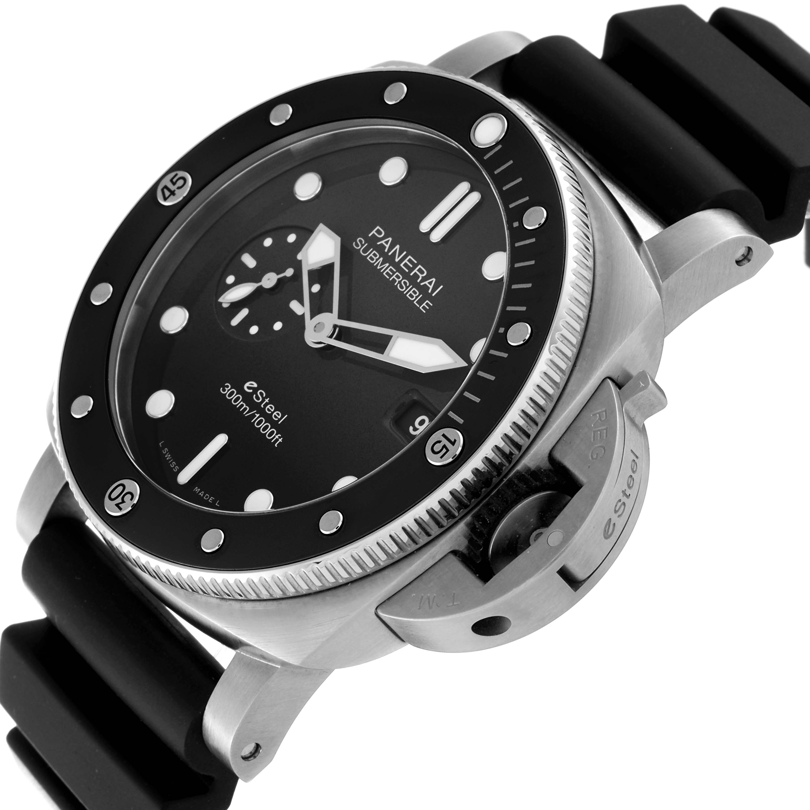 The Panerai Submersible PAM01288 Men's Stainless Steel Black Dial PAM01288 Men's Stainless Steel Black Dial watch is shown at an angle highlighting the face, bezel, crown protector, and strap.