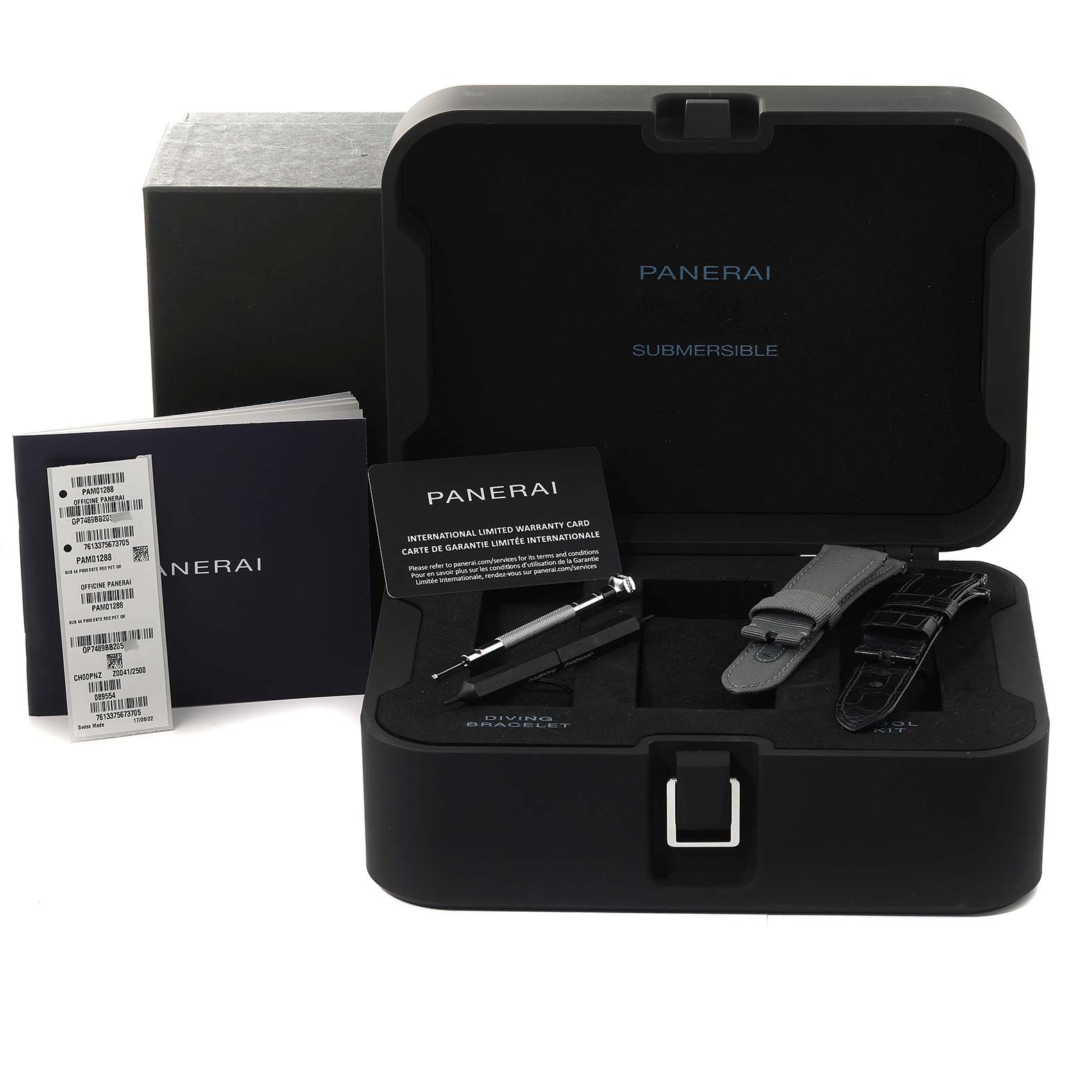 The image shows the Panerai Submersible PAM01288 Men's Stainless Steel Black Dial PAM01288 Men's Stainless Steel Black Dial watch case with booklets, a warranty card, a tool, and additional straps.