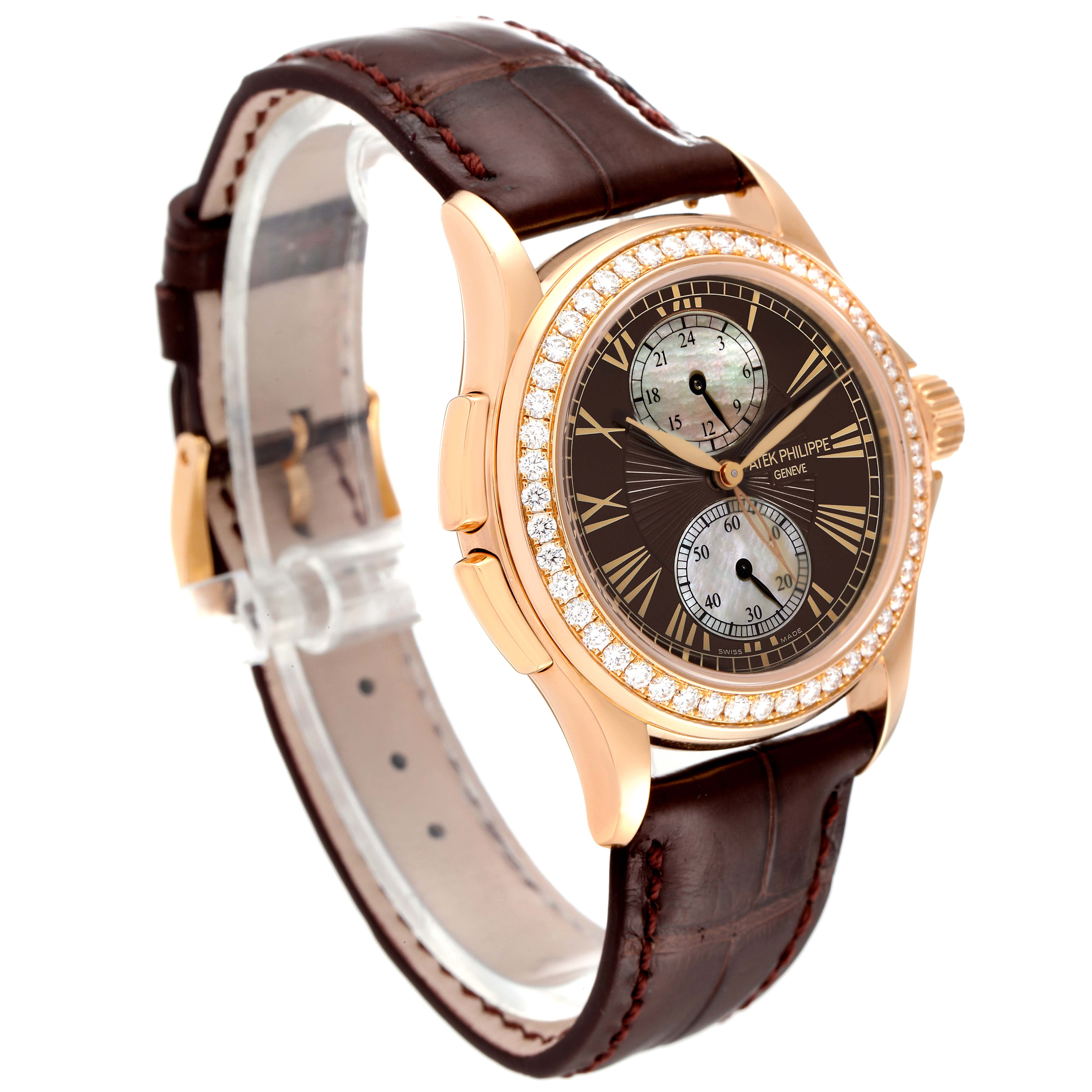 The image shows a Patek Philippe Calatrava 4934R Men's Rose Gold Mother of Pearl Dial 4934R Men's Rose Gold Mother of Pearl Dial watch at a three-quarter angle, highlighting the dial, bezel, and leather strap.