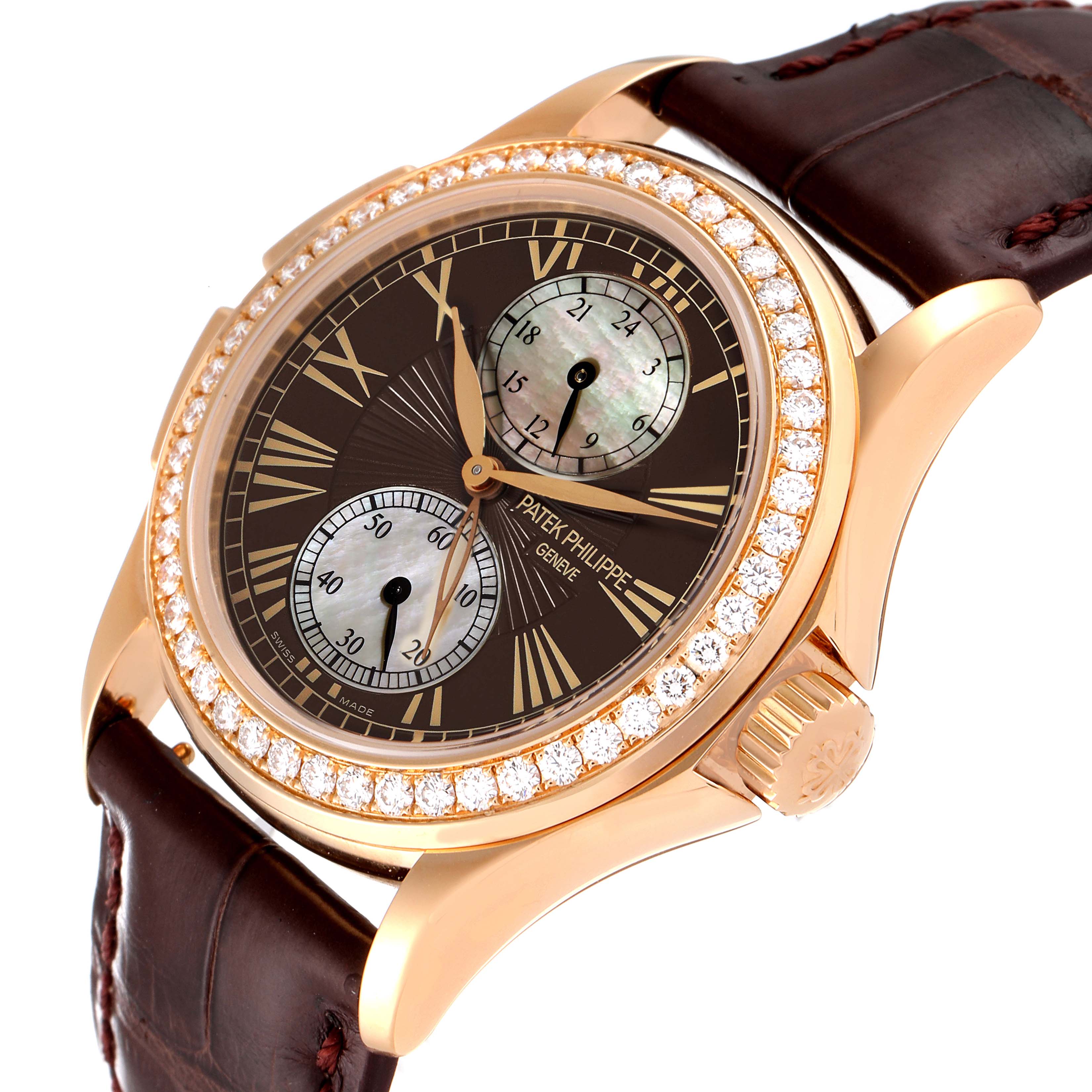 This Patek Philippe Calatrava 4934R Men's Rose Gold Mother of Pearl Dial 4934R Men's Rose Gold Mother of Pearl Dial watch is shown at a slight angle, revealing the face, crown, bezel, and strap.
