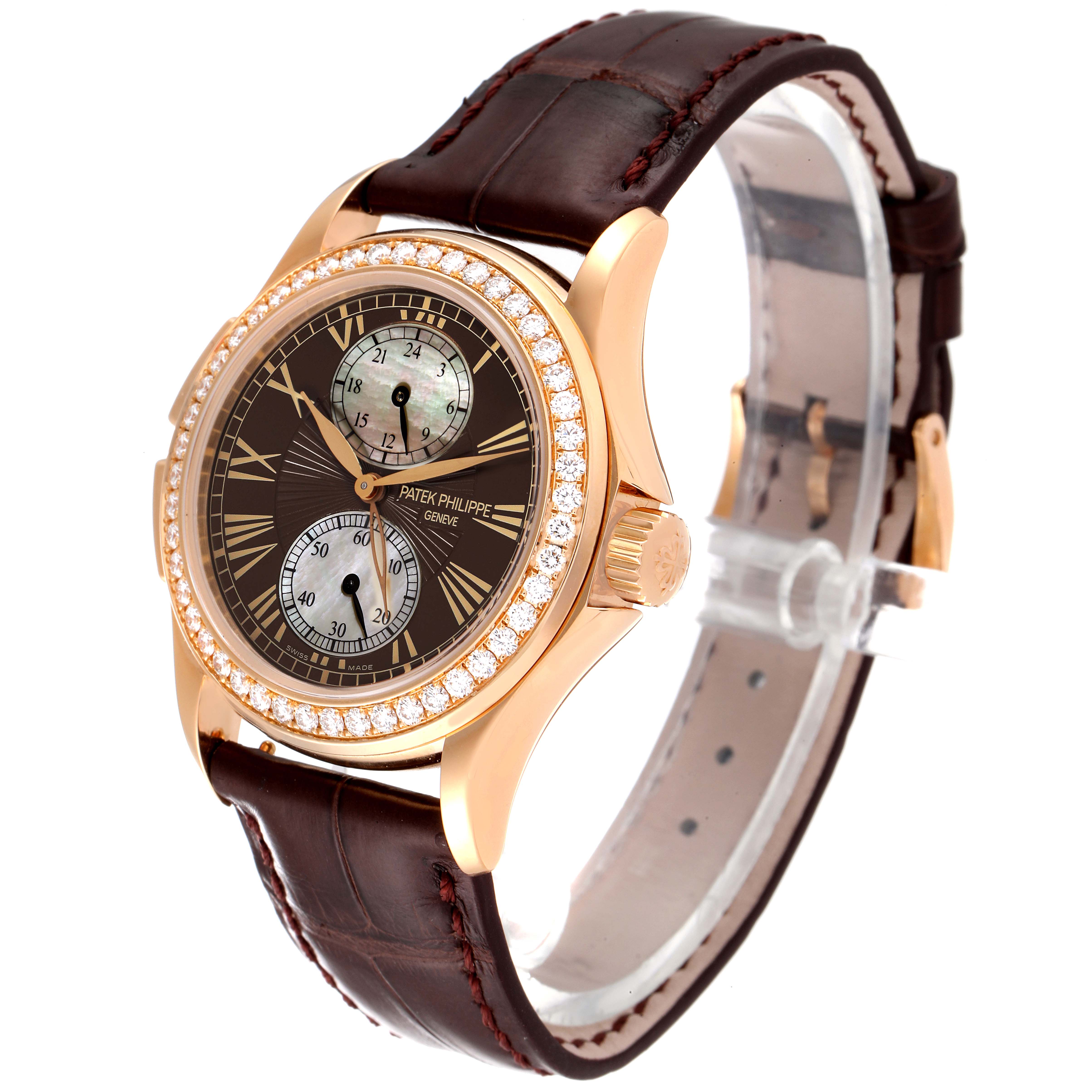 The image shows a Patek Philippe Calatrava 4934R Men's Rose Gold Mother of Pearl Dial 4934R Men's Rose Gold Mother of Pearl Dial watch angled from the upper left, highlighting its bezel, dial, crown, and leather strap.