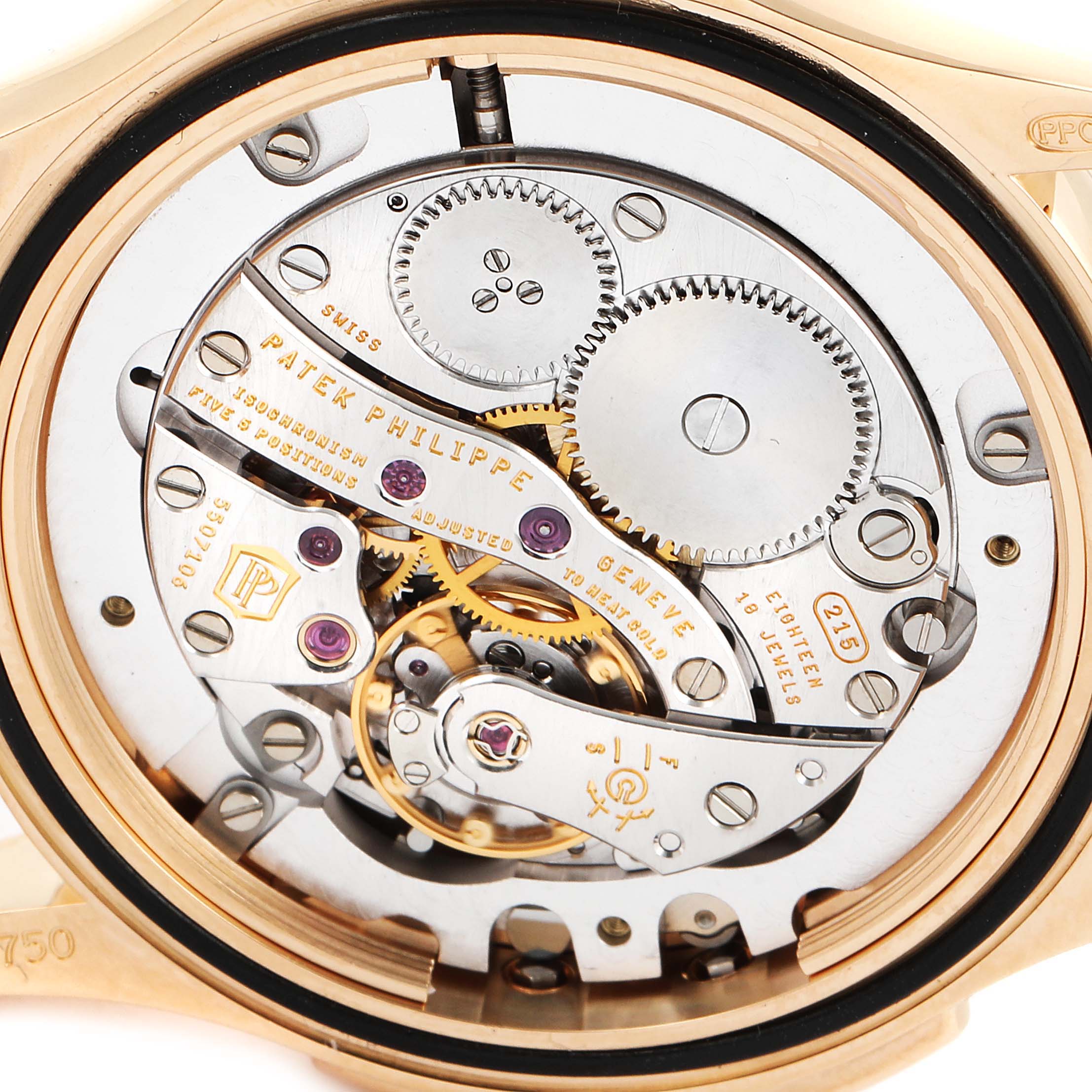 This image shows a close-up of the movement mechanism in the Patek Philippe Calatrava 4934R Men's Rose Gold Mother of Pearl Dial 4934R Men's Rose Gold Mother of Pearl Dial watch.