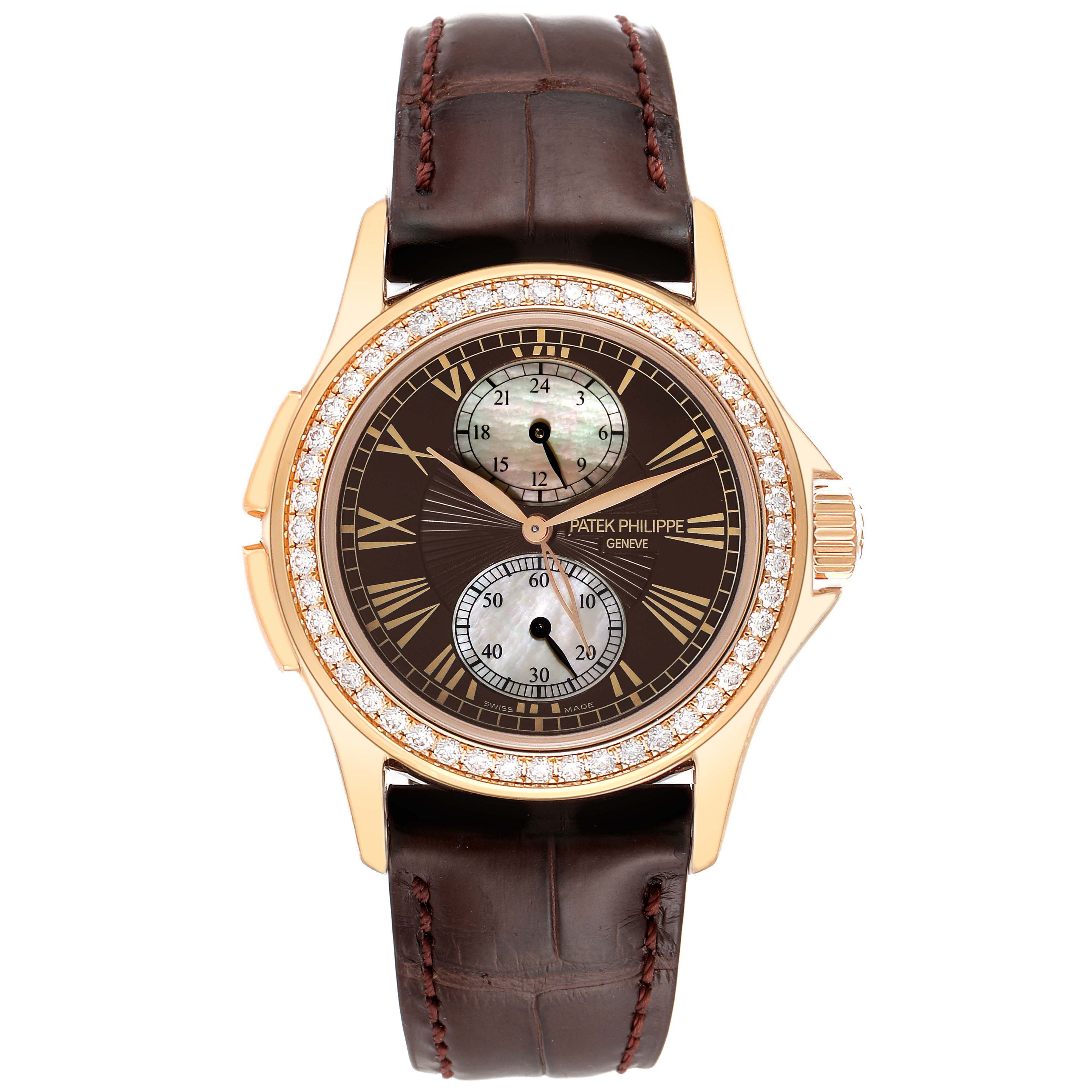 This image shows a front view of the Patek Philippe Calatrava 4934R Men's Rose Gold Mother of Pearl Dial 4934R Men's Rose Gold Mother of Pearl Dial watch, displaying its dial, bezel, and brown leather strap.