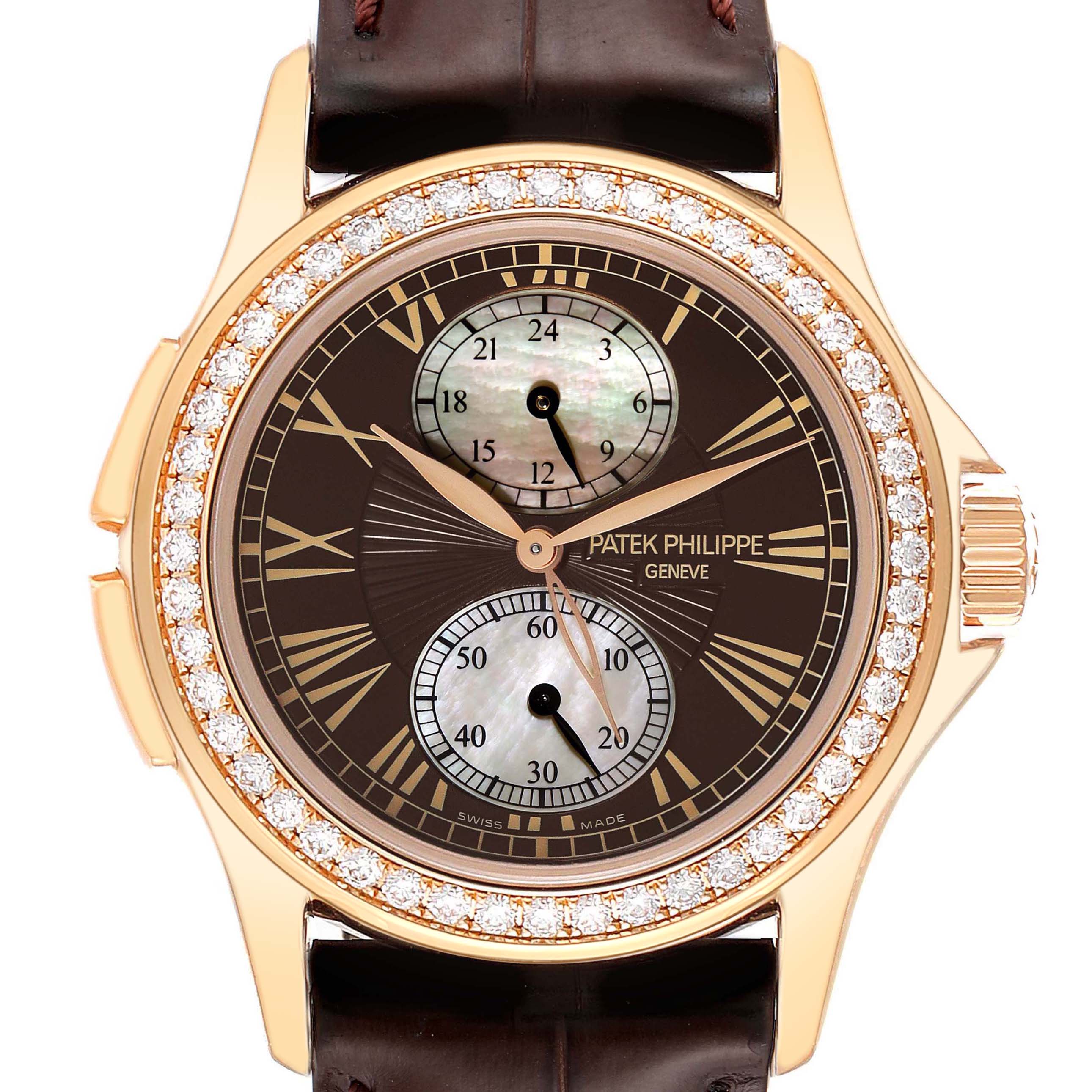 The image shows a Patek Philippe Calatrava 4934R Men's Rose Gold Mother of Pearl Dial 4934R Men's Rose Gold Mother of Pearl Dial watch from a front angle, prominently displaying its dial and diamond-encrusted bezel.