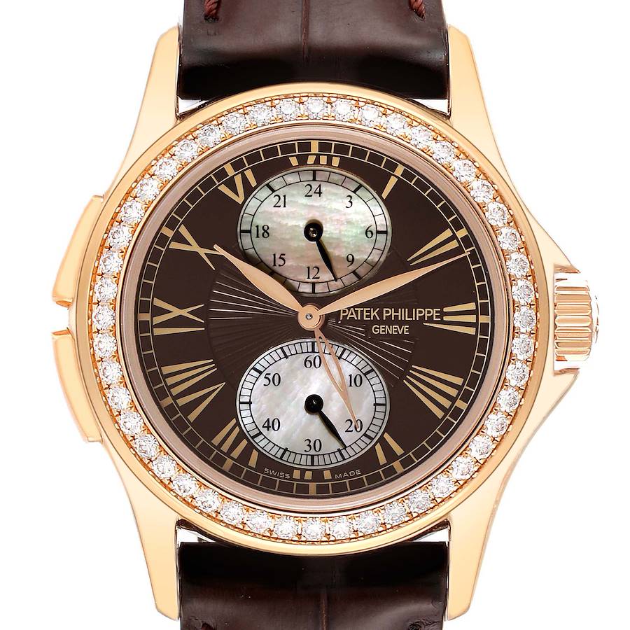 Patek Philippe Calatrava Travel Time Rose Gold Mother of Pearl Diamond Watch 4934 SwissWatchExpo