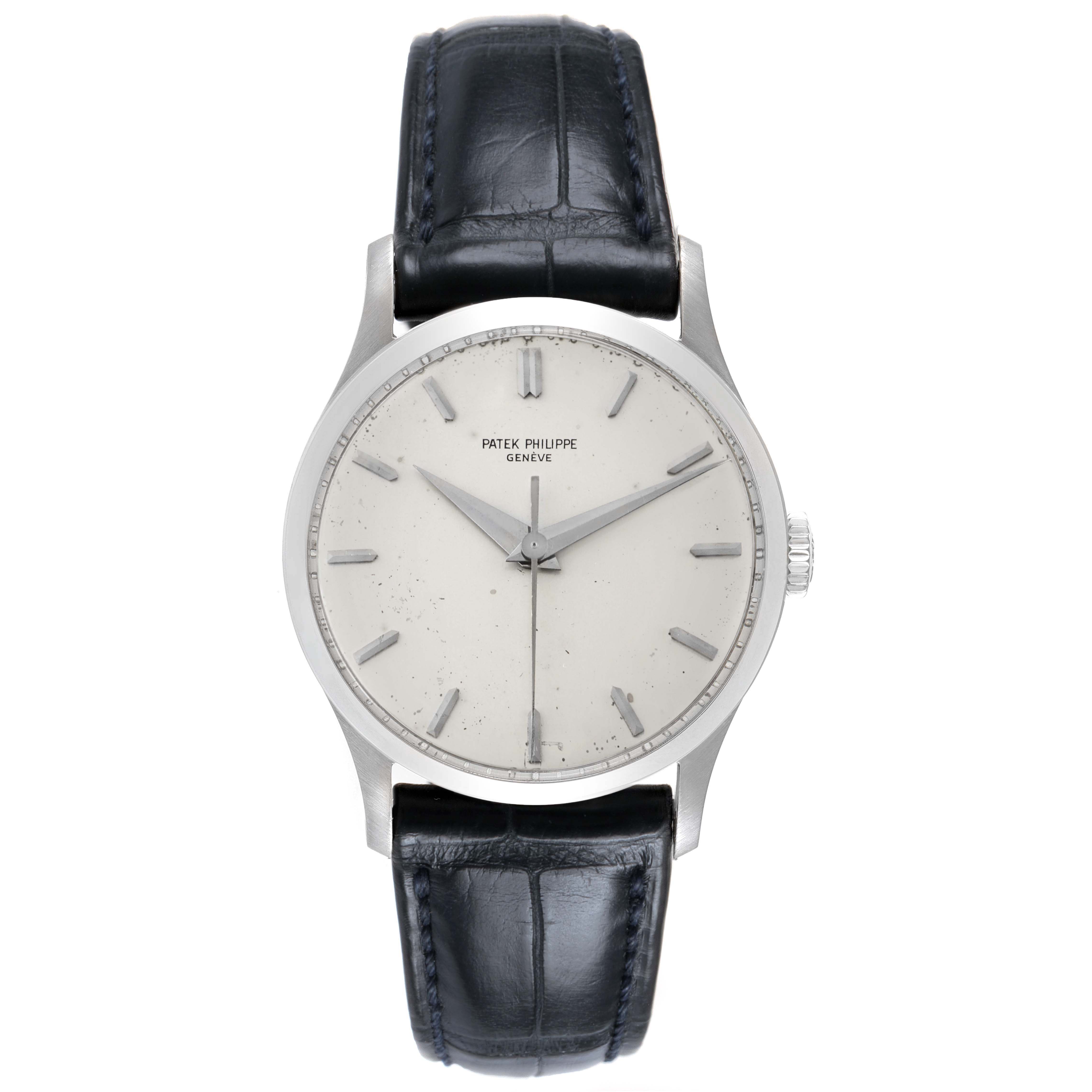 The Patek Philippe Calatrava 570 Men's White Gold Silver Dial watch is shown from the front, displaying the face, hands, indices, crown, and leather strap.