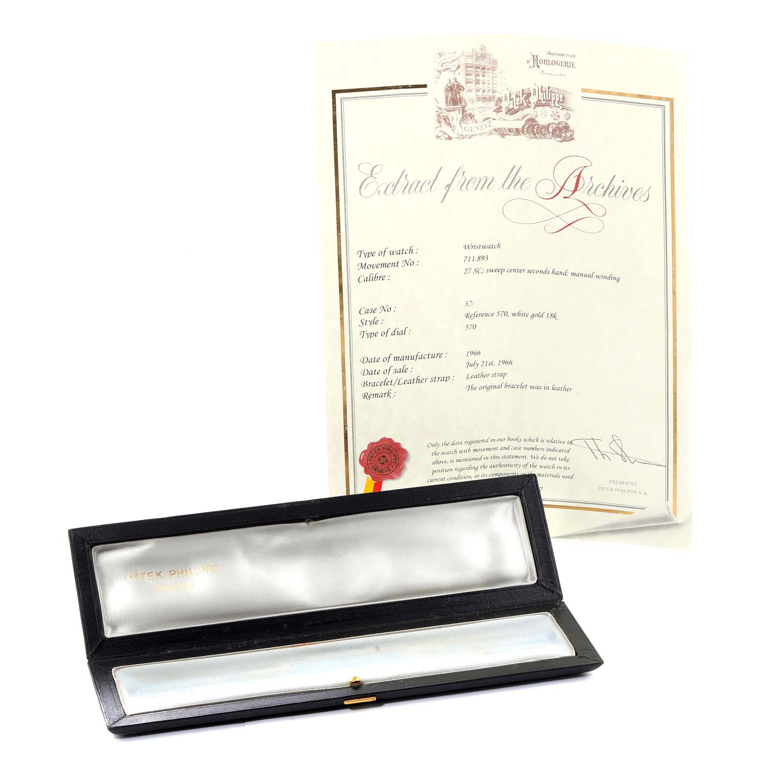 The image shows a certificate of authenticity and an empty watch box for a Vintage Patek Philippe model.