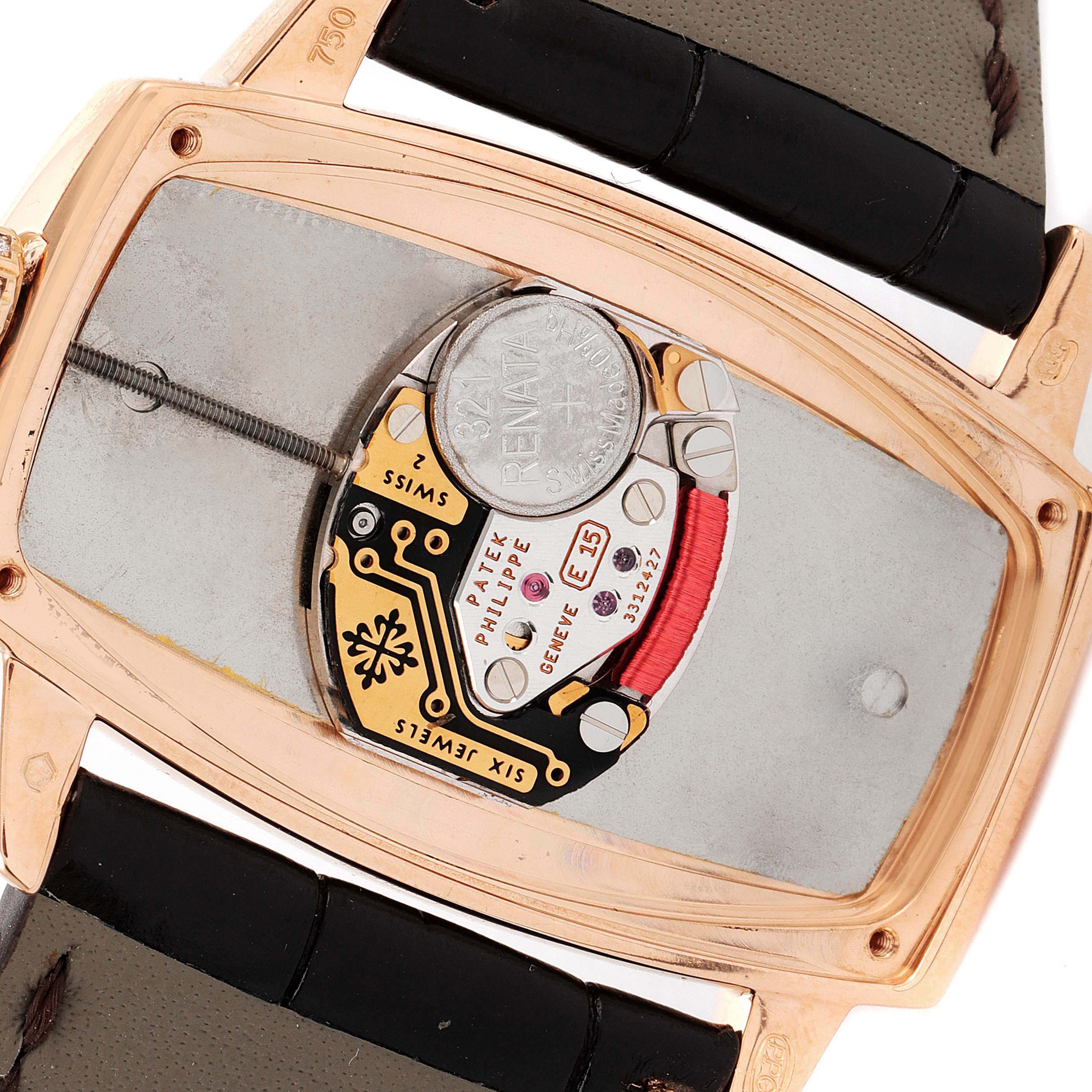 This image shows the back view of the Patek Philippe Gondolo 4981R Women
s Rose Gold Mother of Pearl Dial 4981R Women
s Rose Gold Mother of Pearl Dial watch, revealing its internal mechanism and battery.