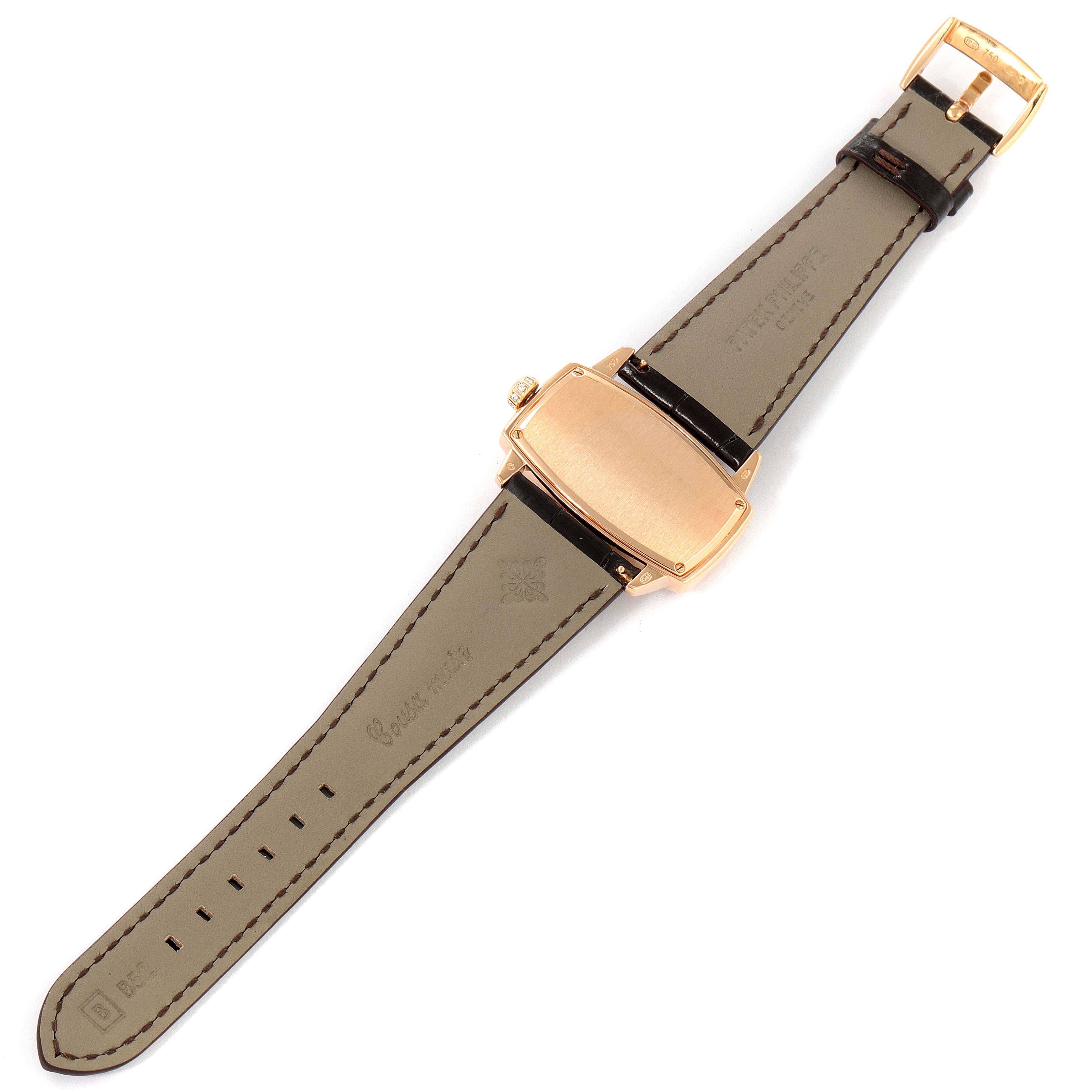 This image shows the back view of a Patek Philippe Gondolo 4981R Women
s Rose Gold Mother of Pearl Dial 4981R Women
s Rose Gold Mother of Pearl Dial watch, including the strap and buckle.