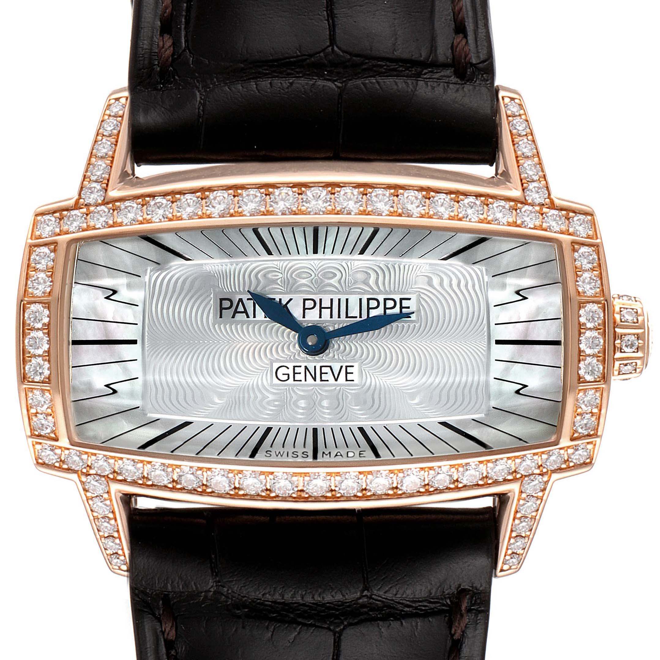 The image shows a front view of a Patek Philippe Gondolo 4981R Women
s Rose Gold Mother of Pearl Dial 4981R Women
s Rose Gold Mother of Pearl Dial watch, highlighting the dial, bezel, and strap.