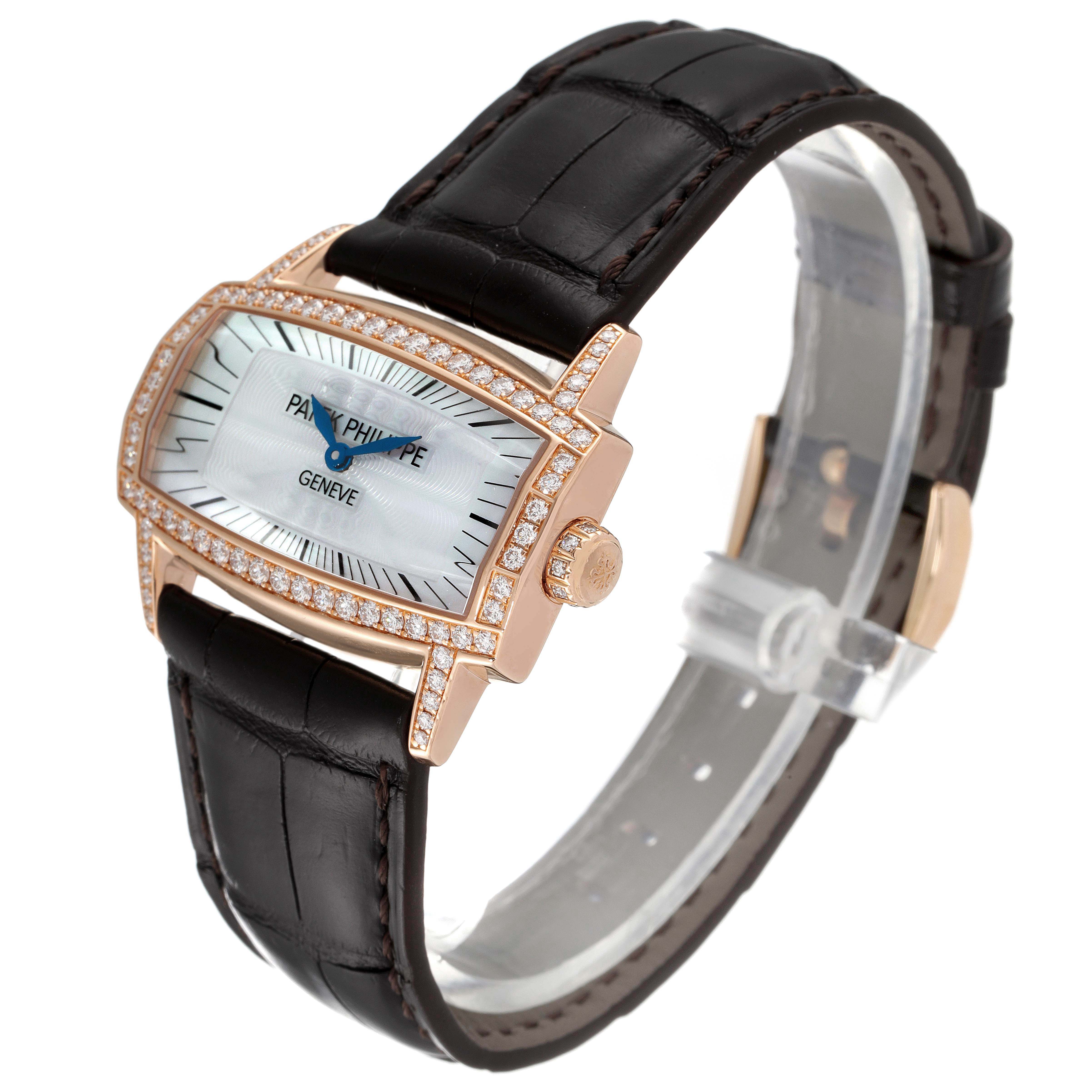 The image shows a three-quarter view of the Patek Philippe Gondolo 4981R Women
s Rose Gold Mother of Pearl Dial 4981R Women
s Rose Gold Mother of Pearl Dial watch, highlighting the face, bezel, and strap.