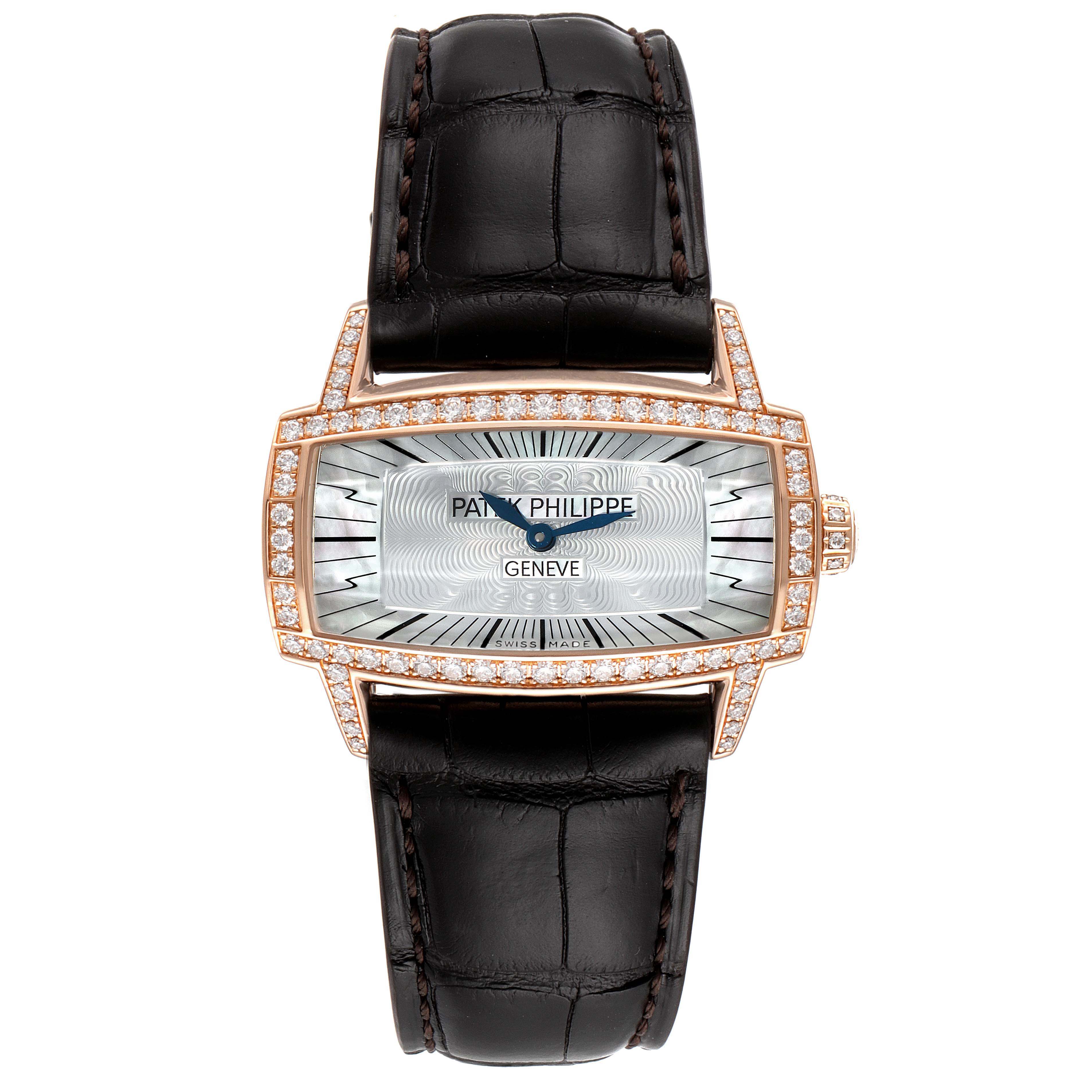 The image shows a front view of the Patek Philippe Gondolo 4981R Women
s Rose Gold Mother of Pearl Dial 4981R Women
s Rose Gold Mother of Pearl Dial watch, featuring a rectangular face with diamonds and a black leather strap.