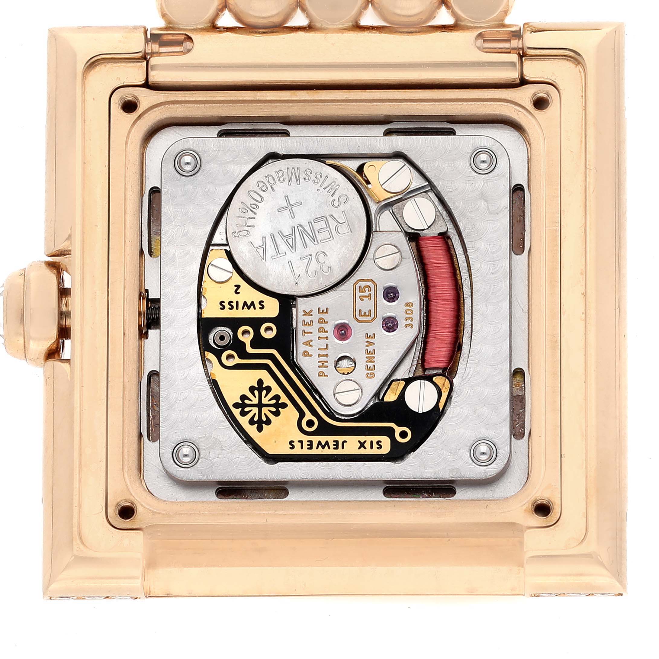 This is a close-up shot of the movement and internal mechanisms of a Patek Philippe Gondolo 4868/1R-010 Women's Rose Gold Brown Dial 4868/1R-010 Women's Rose Gold Brown Dial watch.