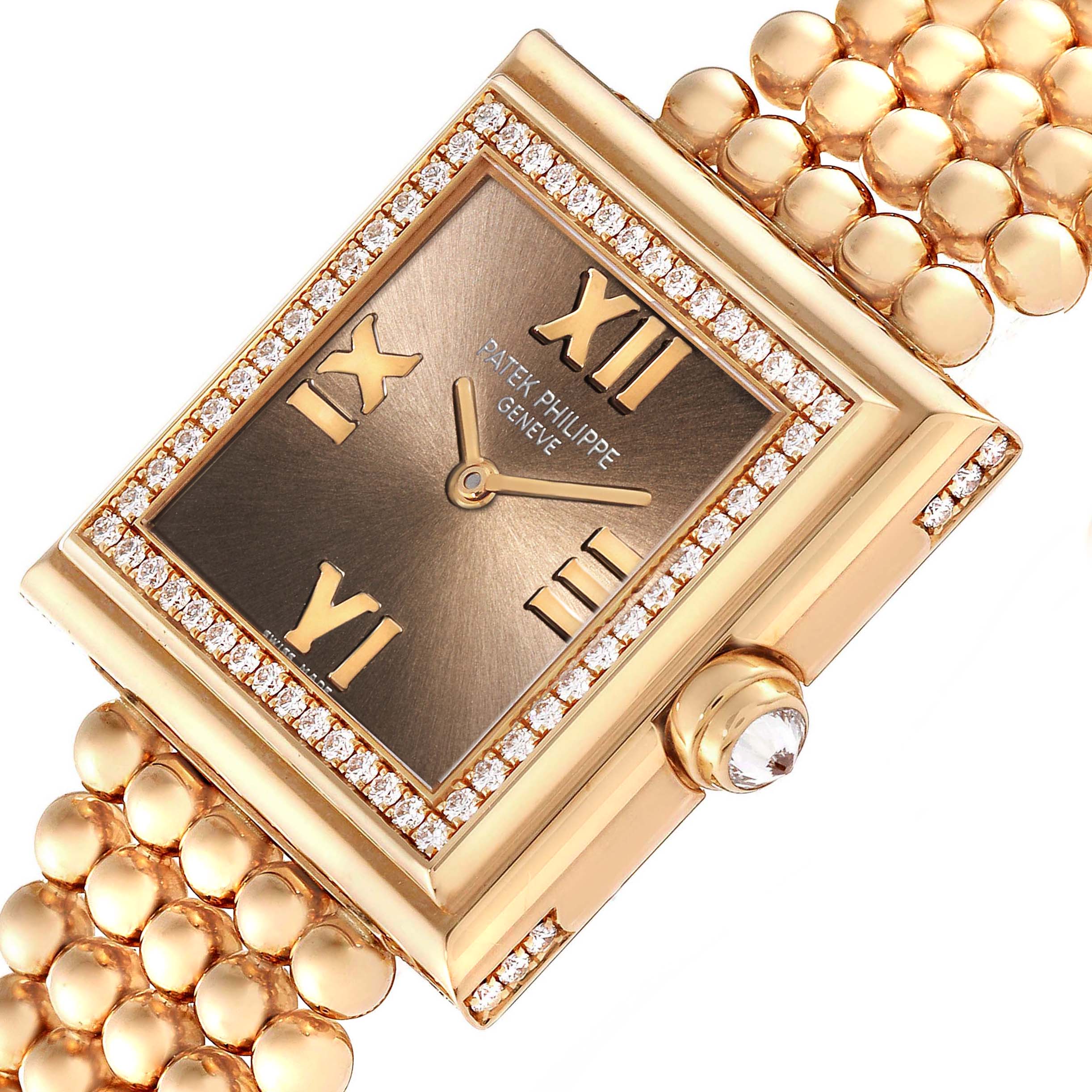 The image shows a close-up, angled view of the Patek Philippe Gondolo 4868/1R-010 Women's Rose Gold Brown Dial 4868/1R-010 Women's Rose Gold Brown Dial watch, highlighting its dial, bezel, and part of the bracelet.