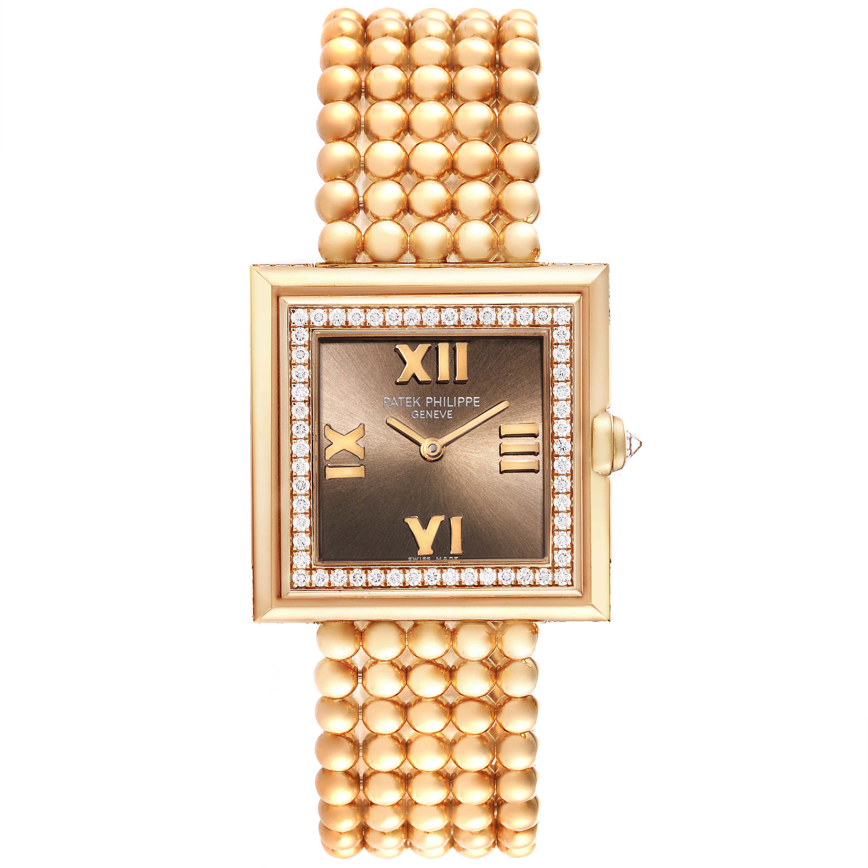 The image shows a Patek Philippe Gondolo 4868/1R-010 Women's Rose Gold Brown Dial 4868/1R-010 Women's Rose Gold Brown Dial watch from a front angle, highlighting its square face, gold bracelet, and diamond bezel.